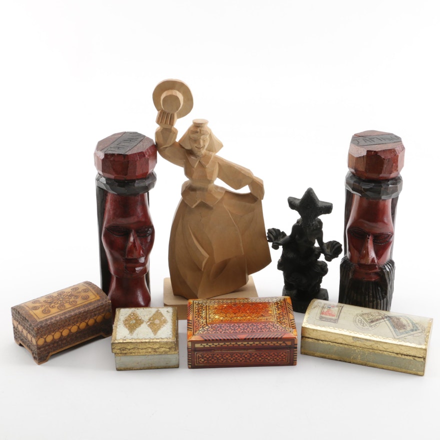 Wood Carved Folk Art Figurines and Trinket Boxes
