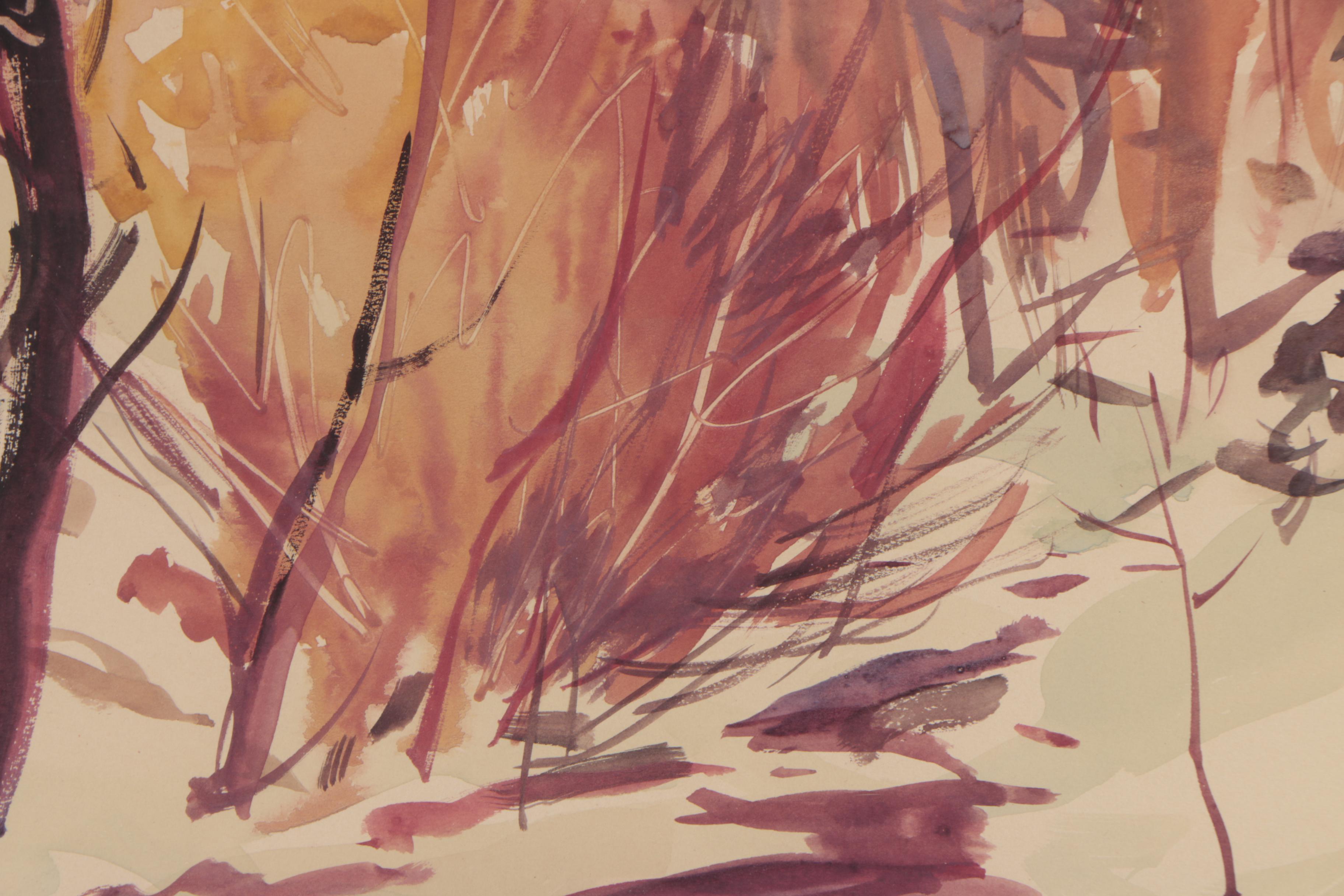 Carl Gaertner Watercolor Painting of Winter Forest Scene