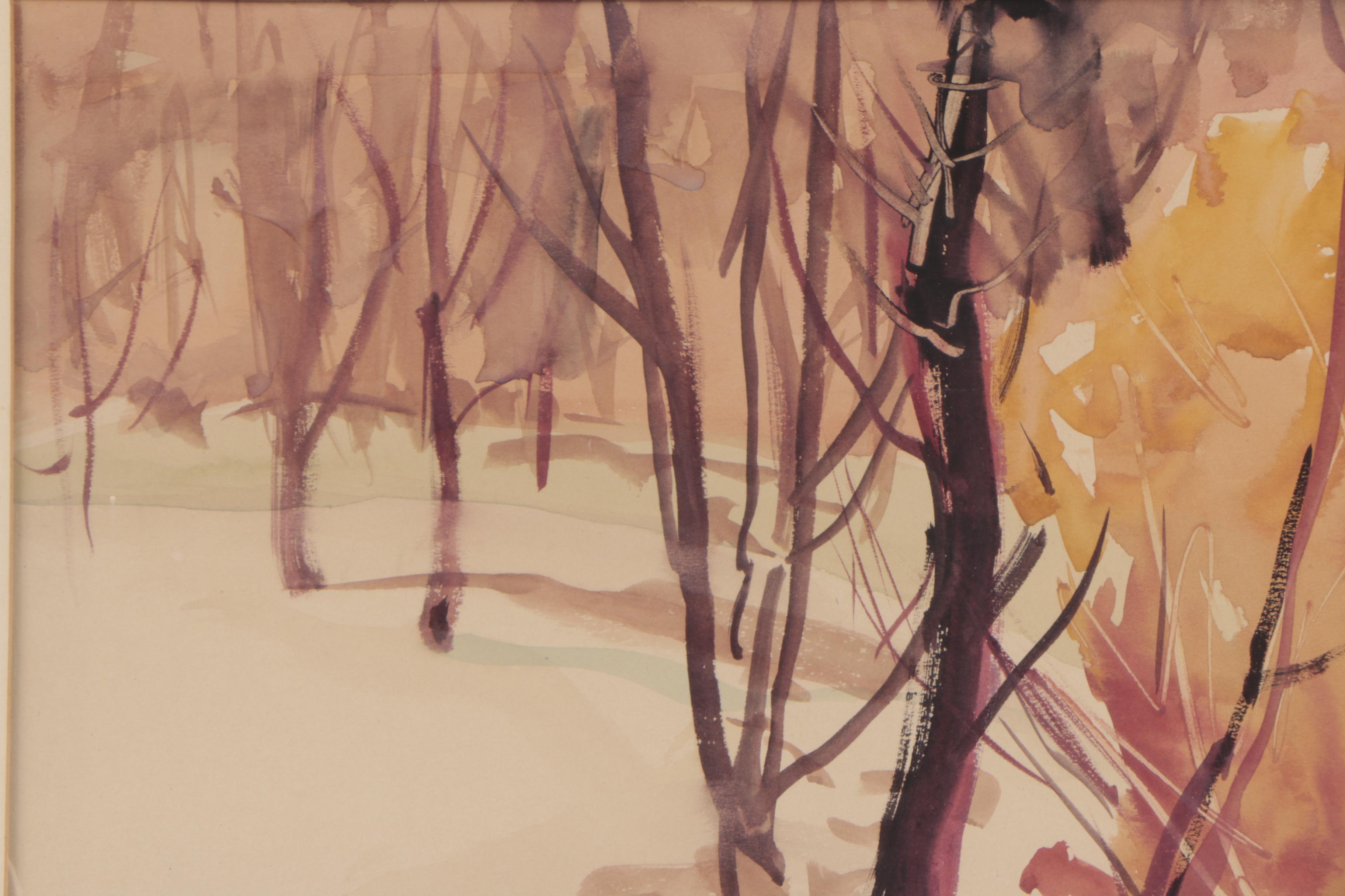 Carl Gaertner Watercolor Painting of Winter Forest Scene