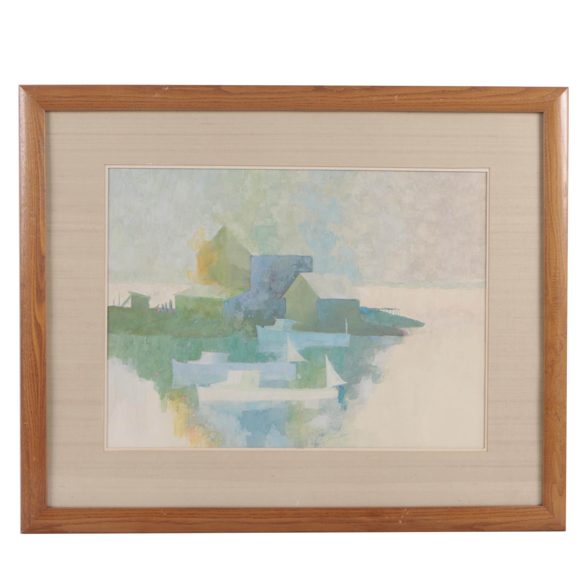 Raul Mina-Mora Gouache Painting of an Abstract Harbor