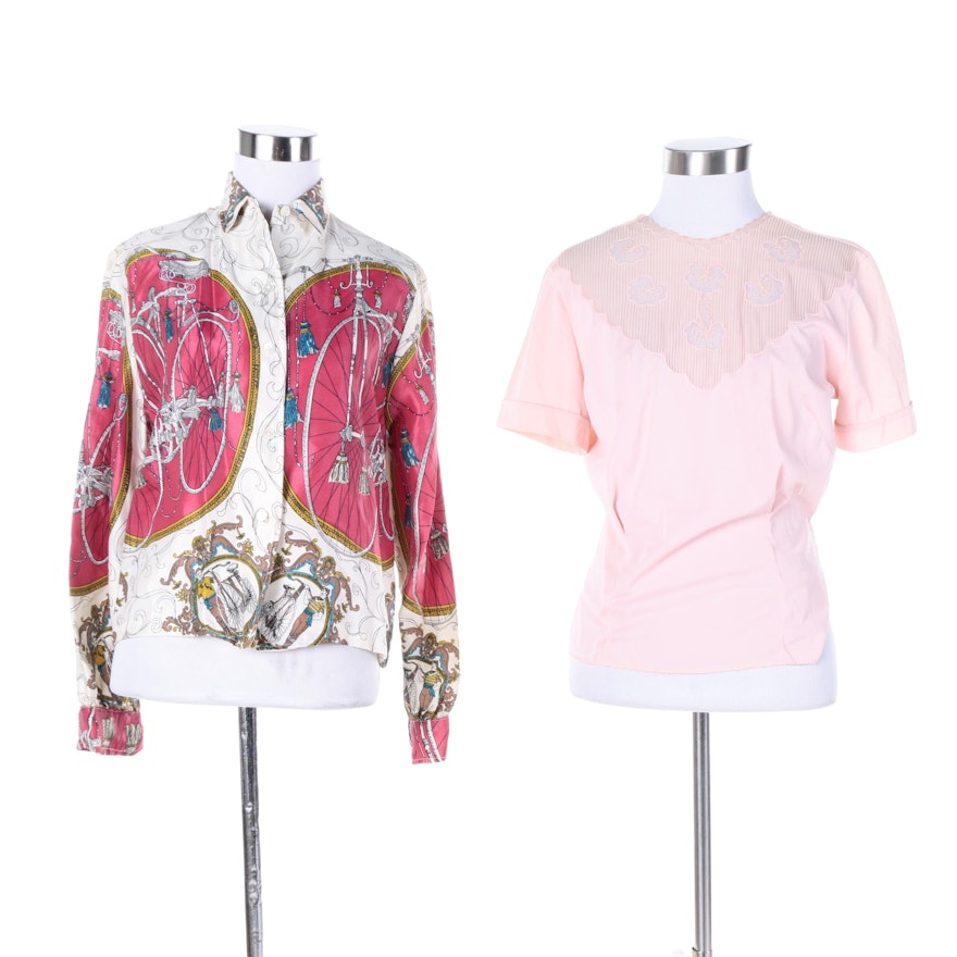 Women's Vintage Phil Rose Button-Front Shirt and Pink Short Sleeve Blouse
