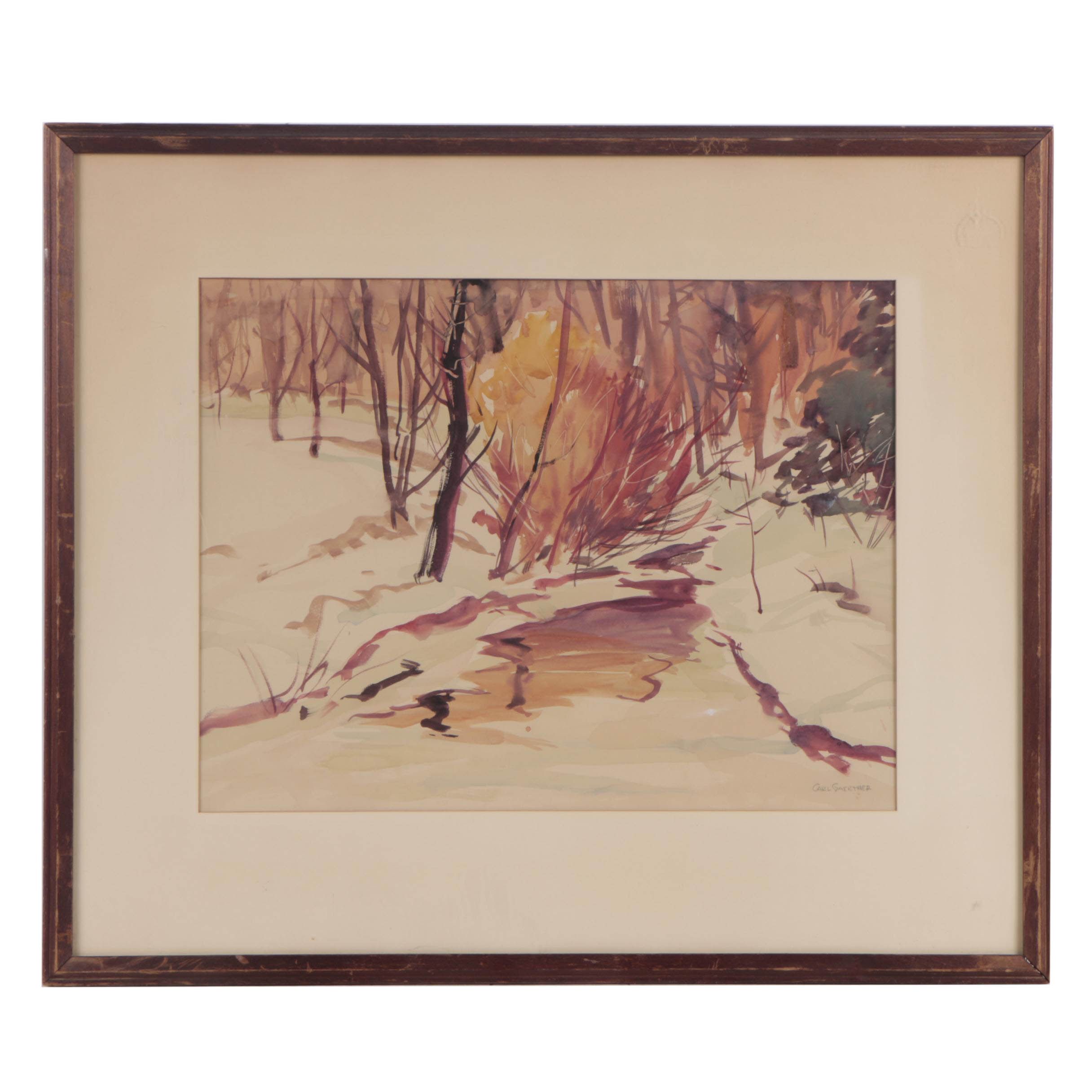 Carl Gaertner Watercolor Painting of Winter Forest Scene