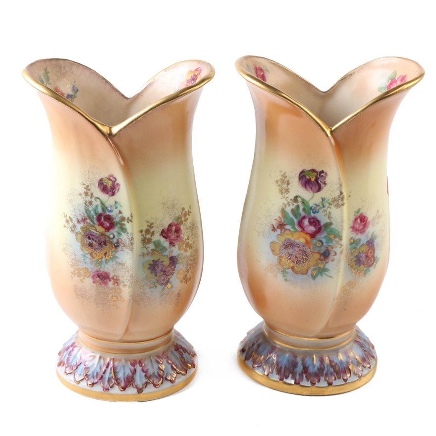 Tulip Shaped Floral Motif Ceramic Vases