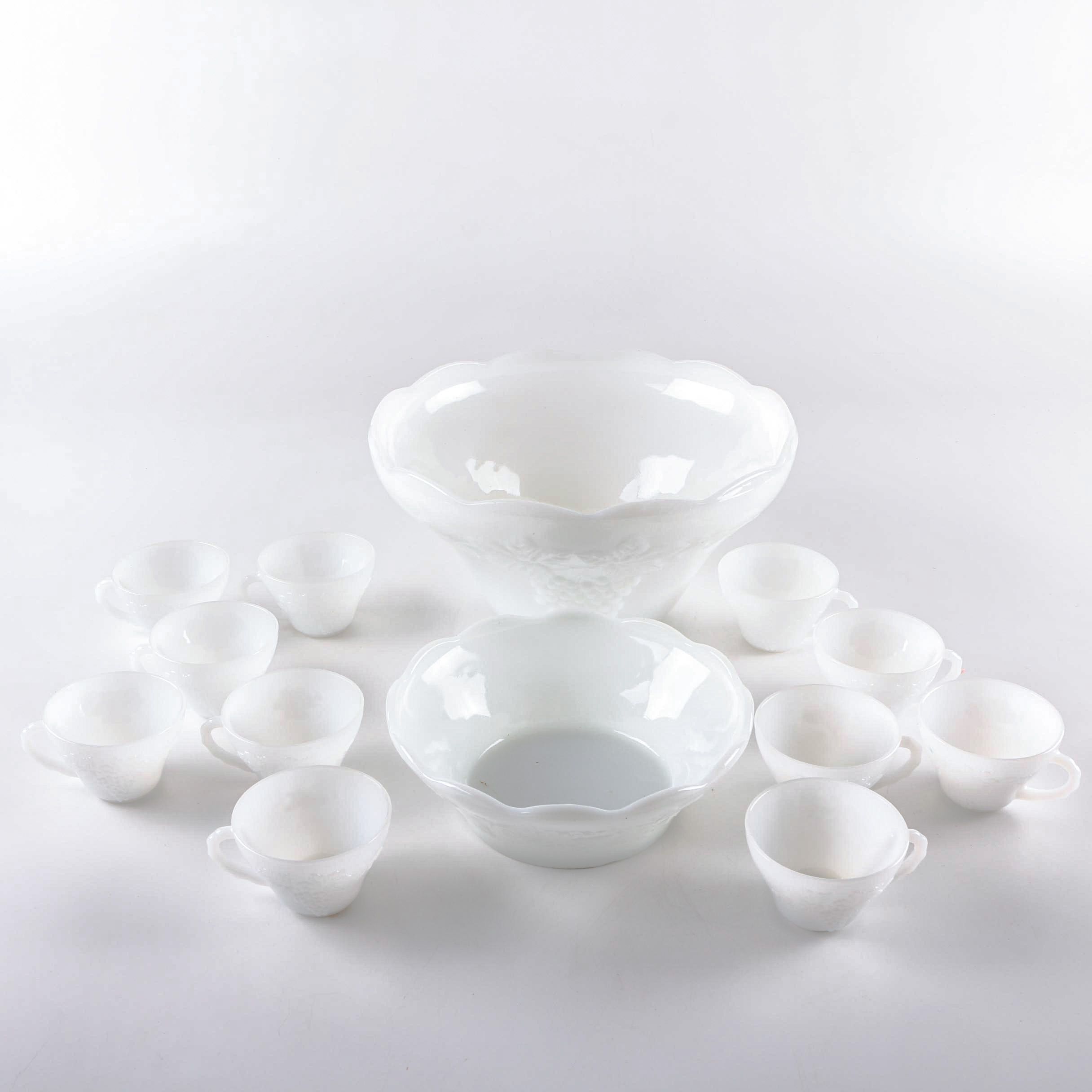 Anchor Hocking "Harvest Grapes" Milk Glass Punch Bowl Set