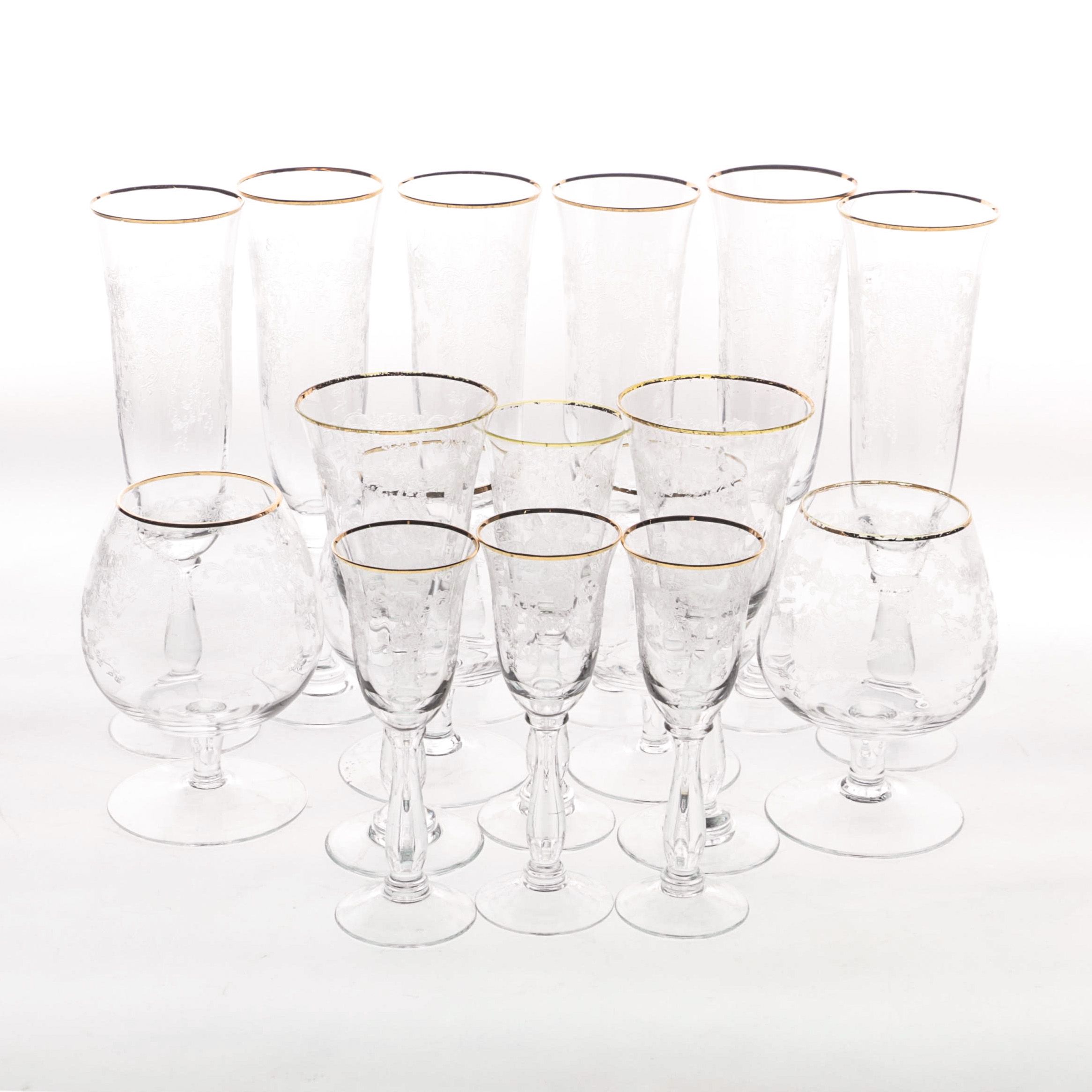 Gilt Rim Etched Glass Stemware