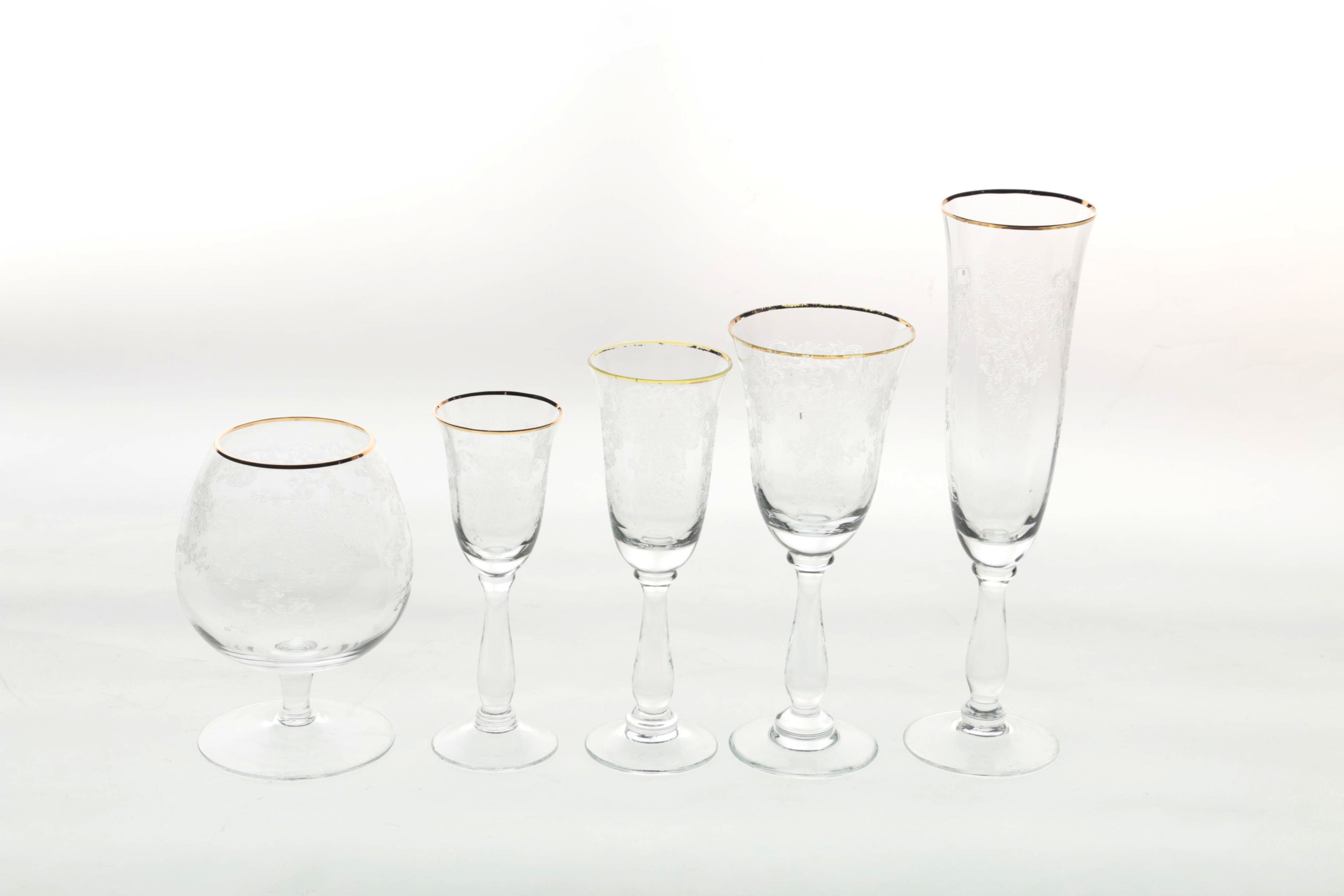 Gilt Rim Etched Glass Stemware