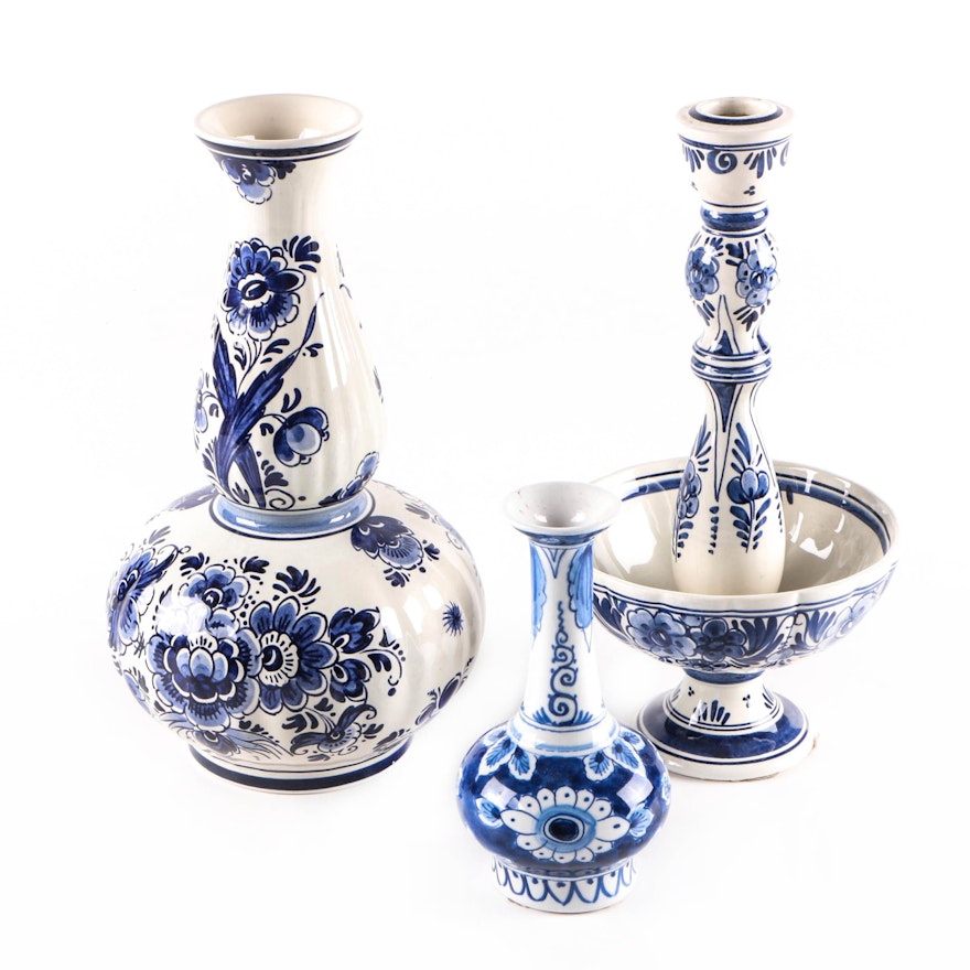 Hand Painted Delft Vases and Candlestick