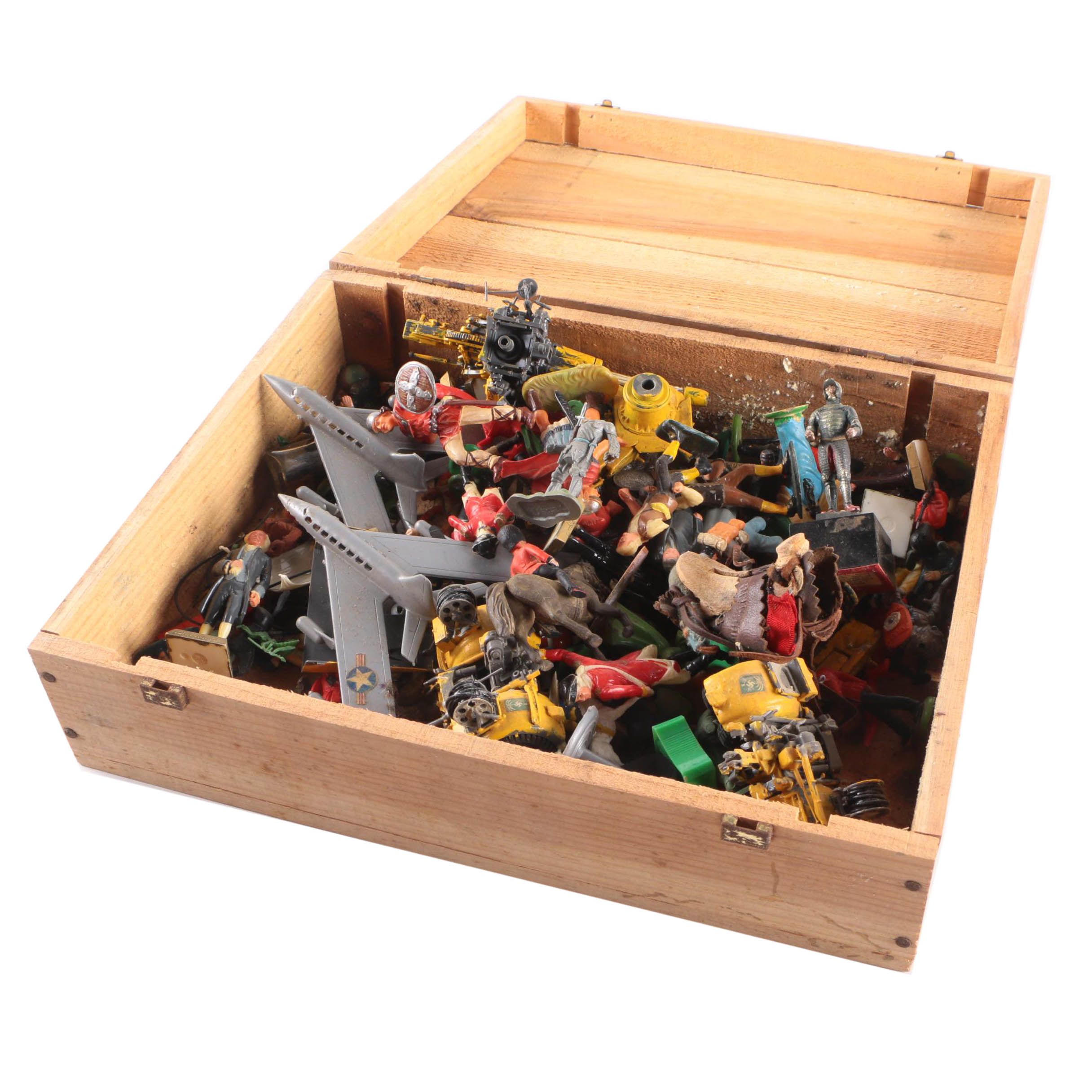 Plastic Figurines and Toys in Wooden Box