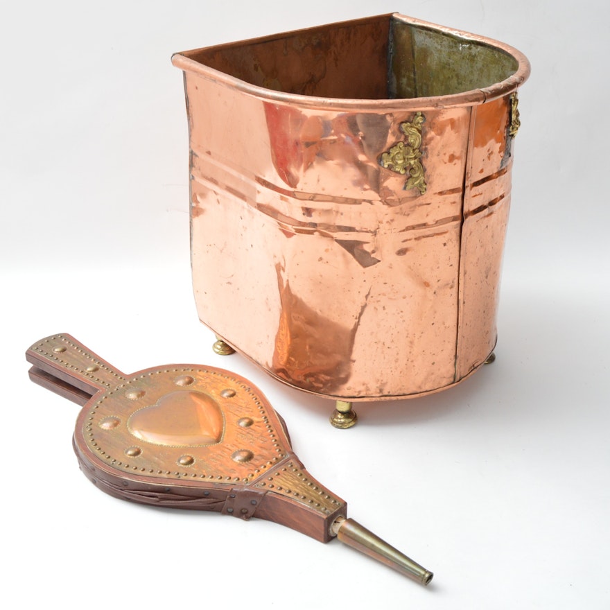 Vintage Copper Container and Wood Brass Fireplace Bellows