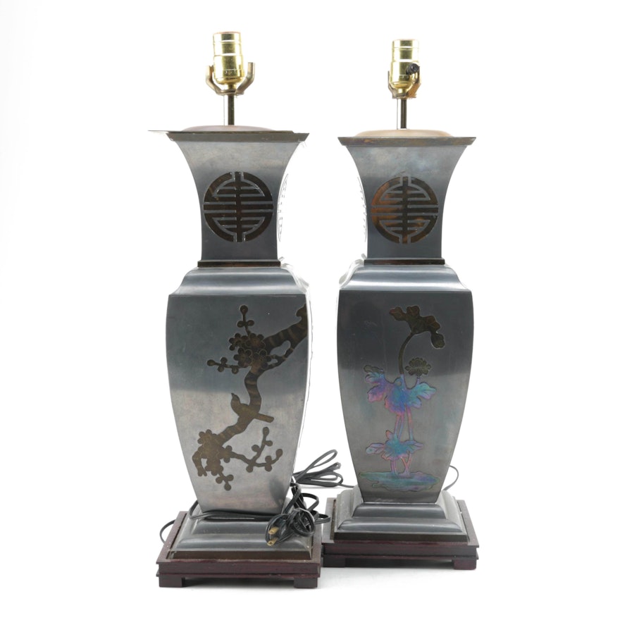 Pair of Chinese Pewter And Brass Table Lamps