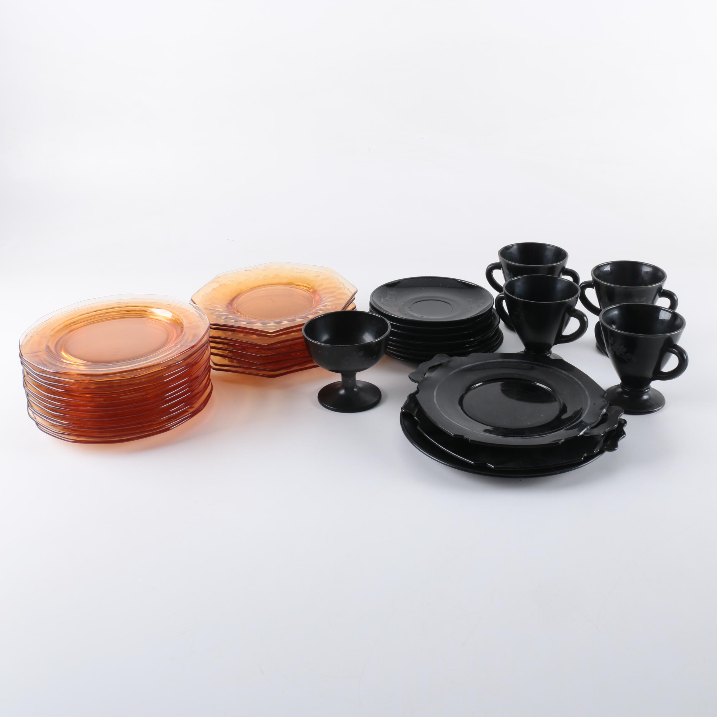 Smith Glass "Mt. Pleasant" Cake Plates and Amber Depression Glass Plates