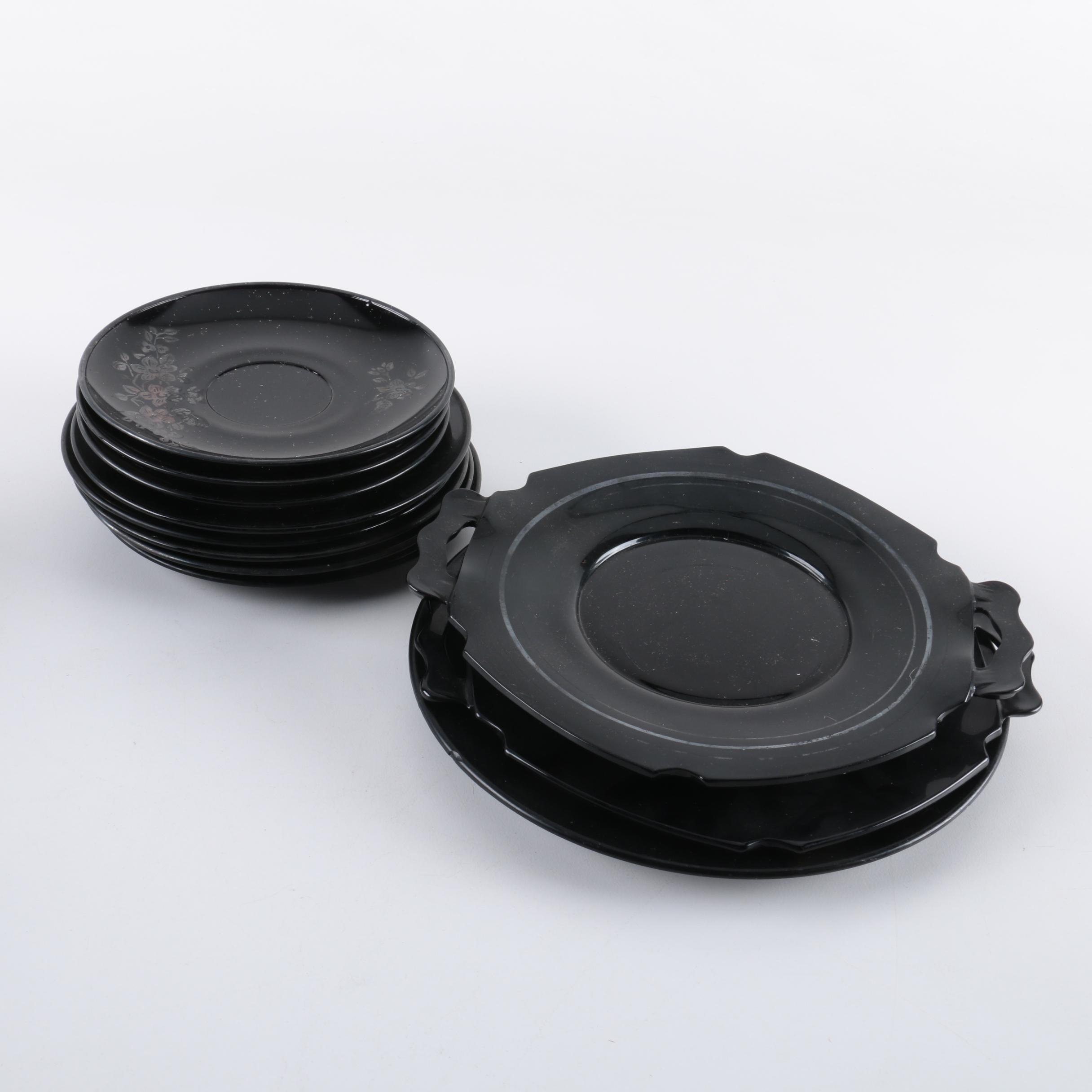 Smith Glass "Mt. Pleasant" Cake Plates and Amber Depression Glass Plates