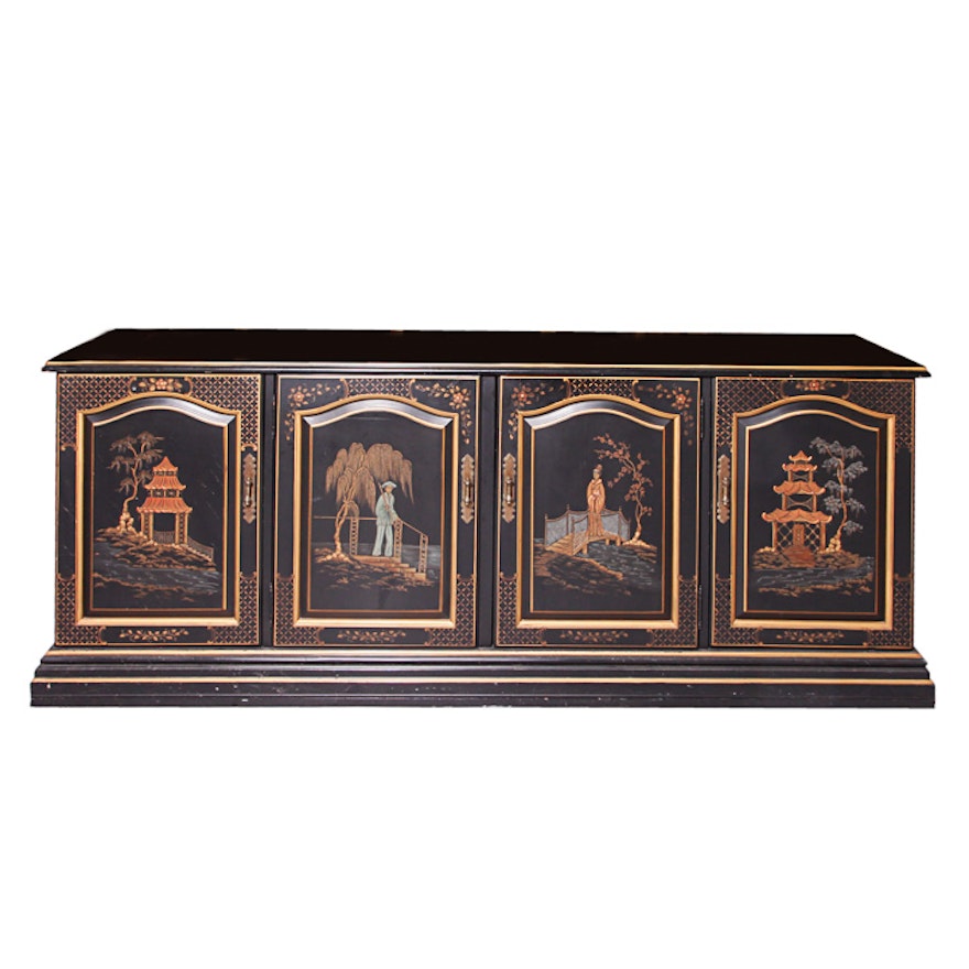 Black Lacquer Chinoiserie Media Cabinet by Habersham Furniture