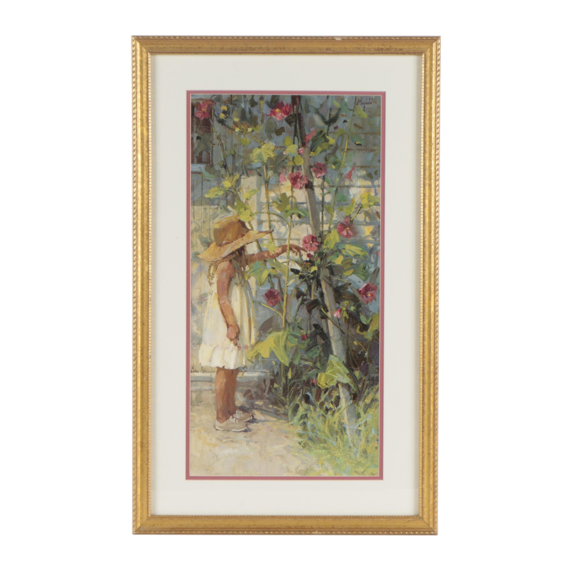 Offset Lithograph Print After Gerald Merfeld "Hollyhock Child"