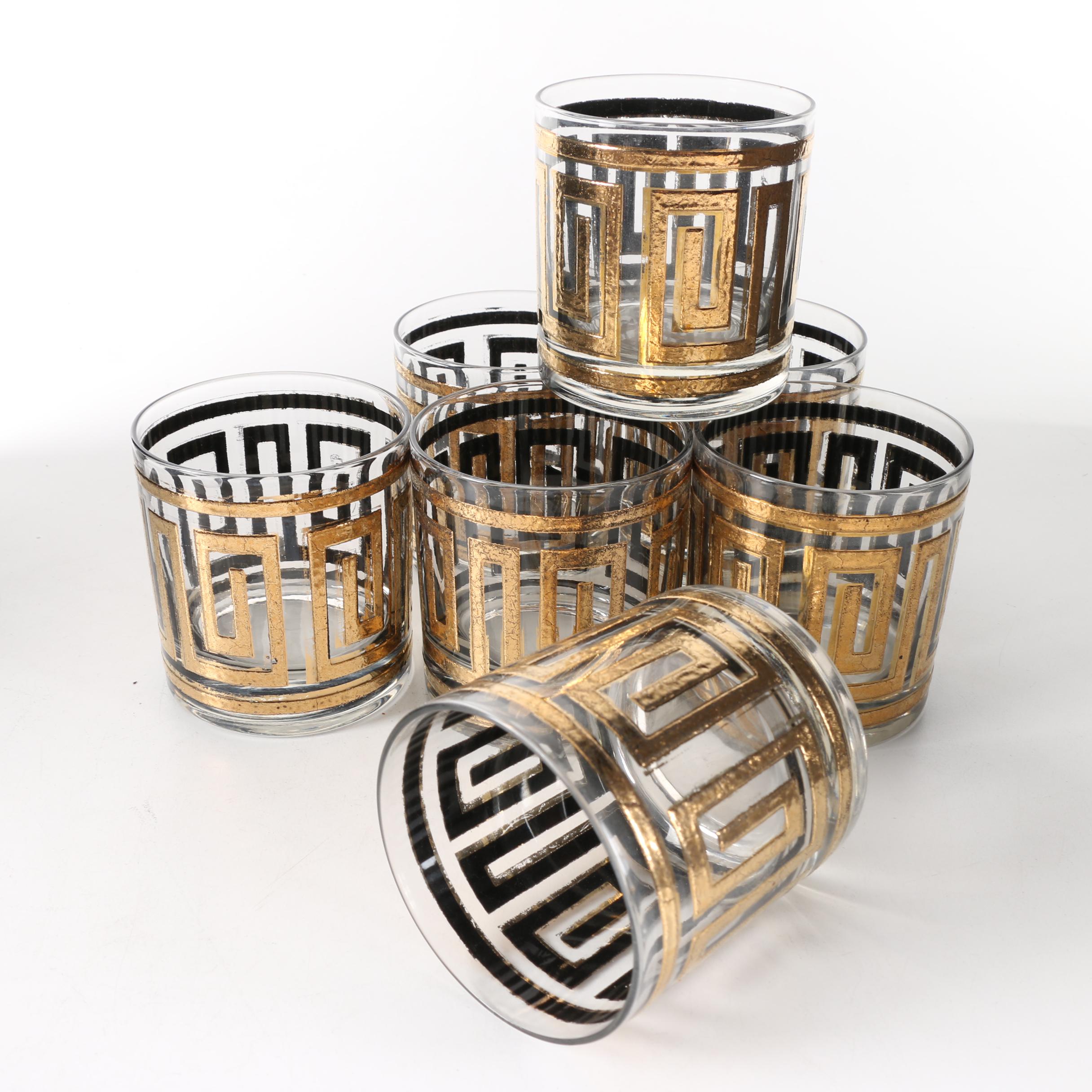 Mid Century Culver Gold Greek Key Lowball Glasses