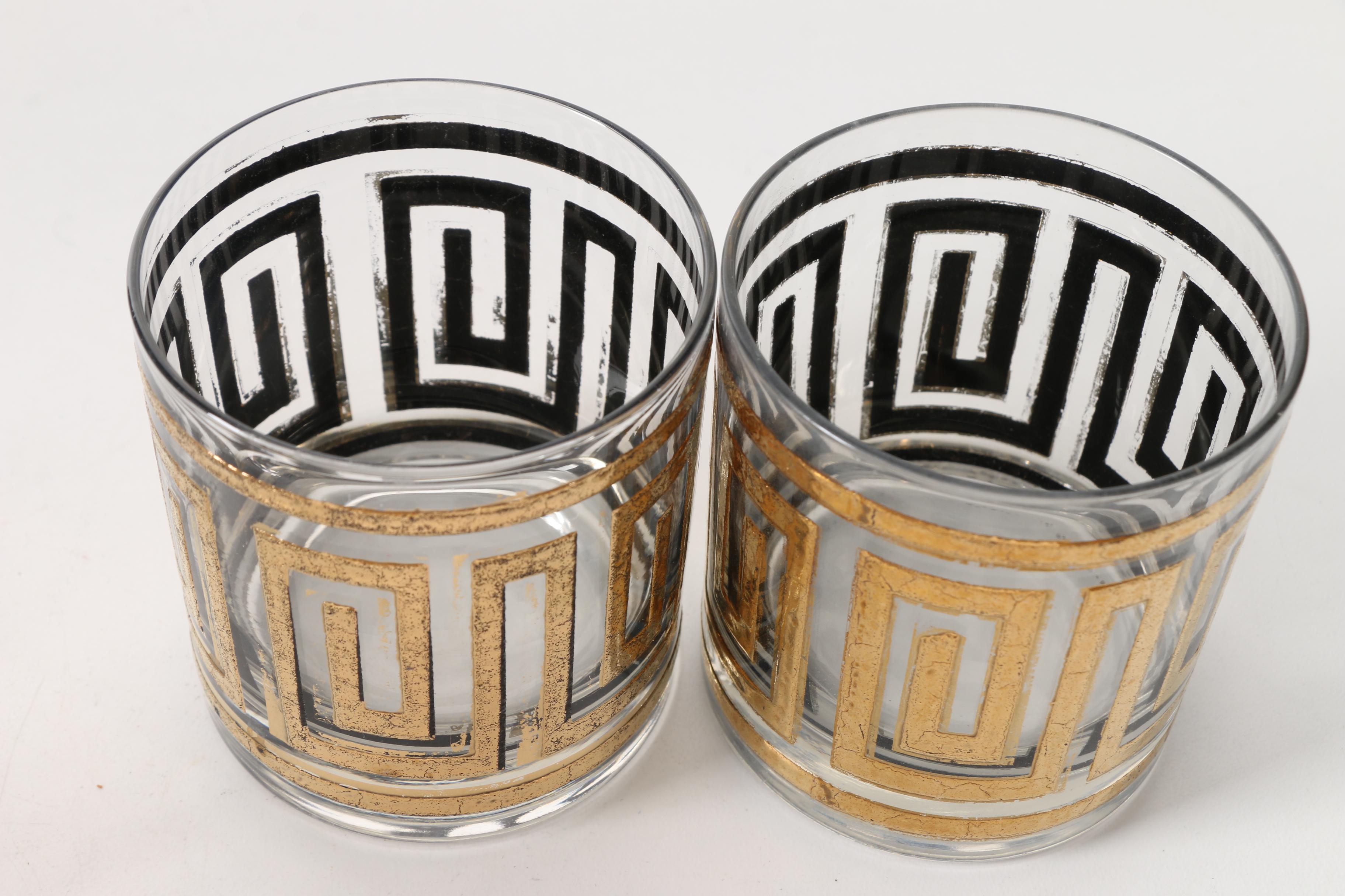 Mid Century Culver Gold Greek Key Lowball Glasses