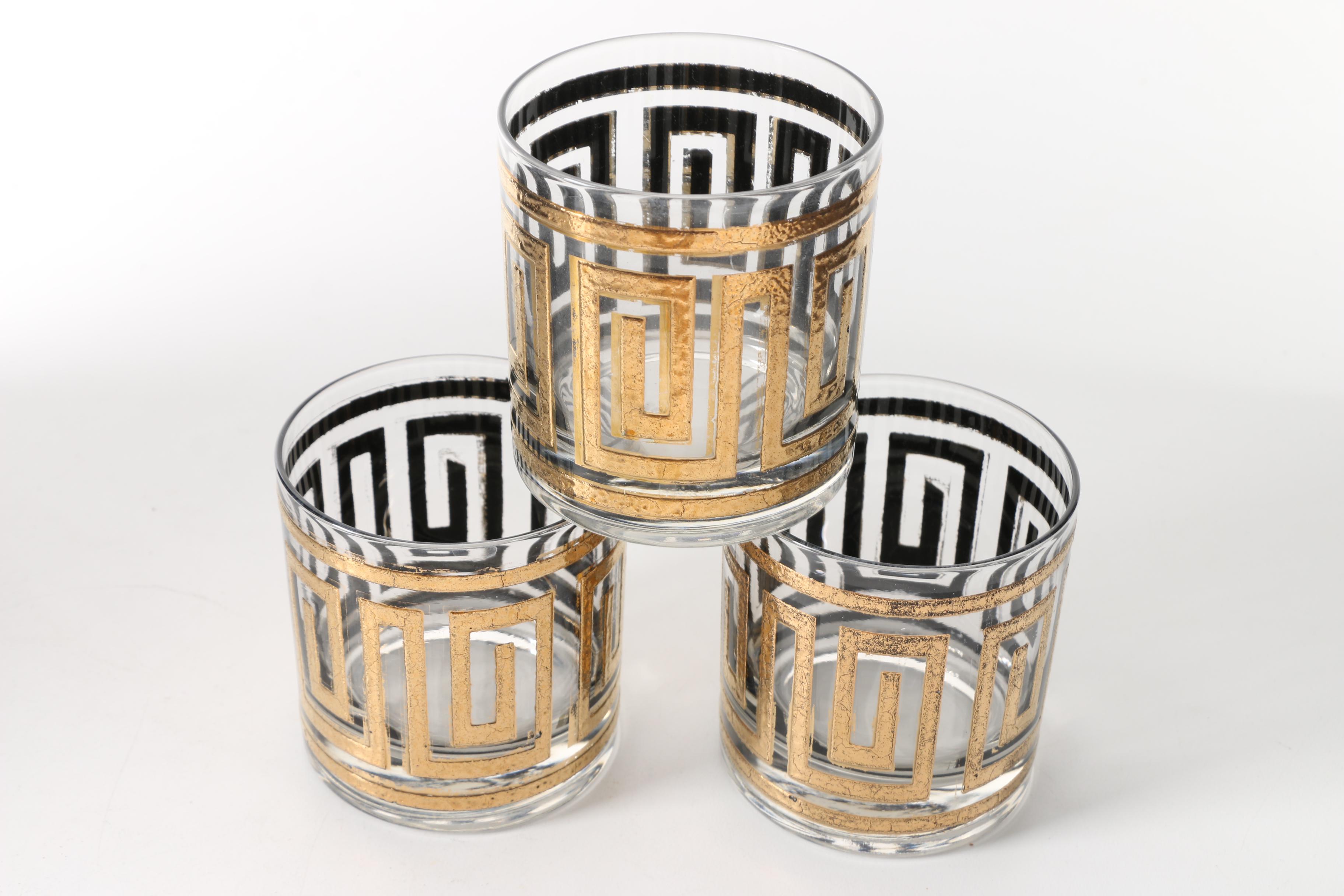 Mid Century Culver Gold Greek Key Lowball Glasses