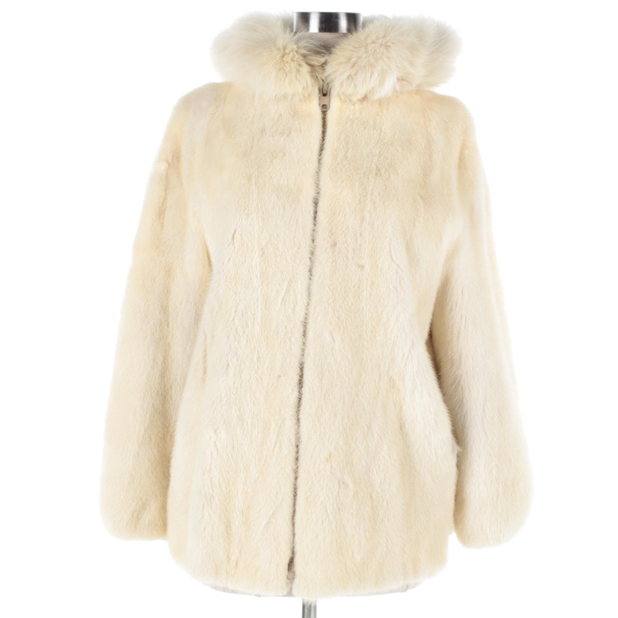 Women's Vintage Platinum Mink Fur Jacket with Fox Fur Trim