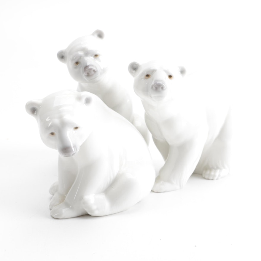 Lladro "Seated," "Resting," and "Attentive" Porcelain Polar Bear Figurines