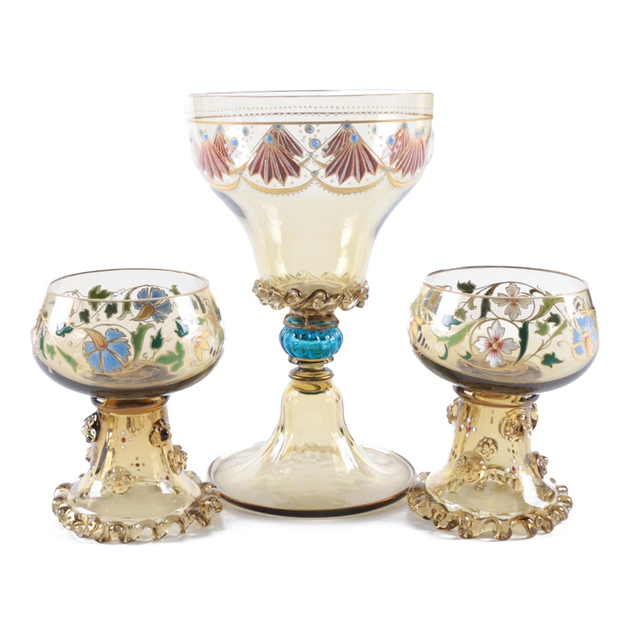 Vintage Handmade Glass Roemer Cordials and Goblet