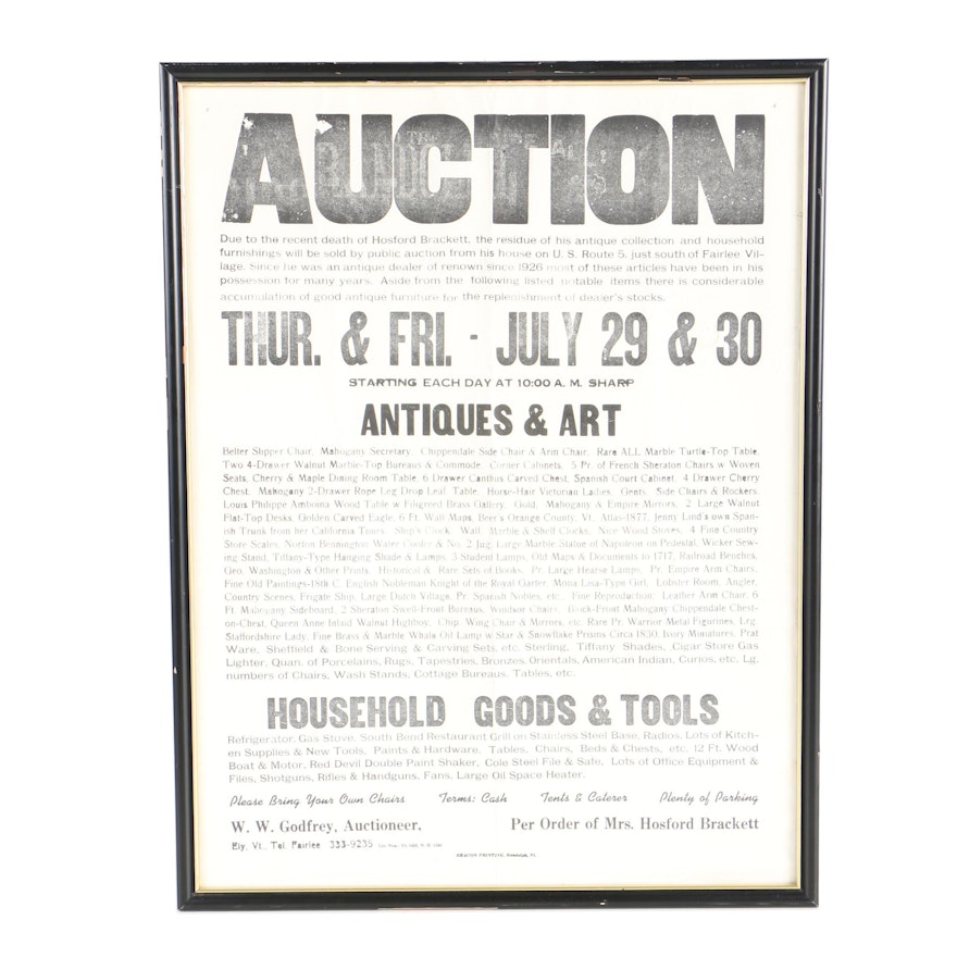 Hosford Brackett Estate Auction Poster, C. 1976