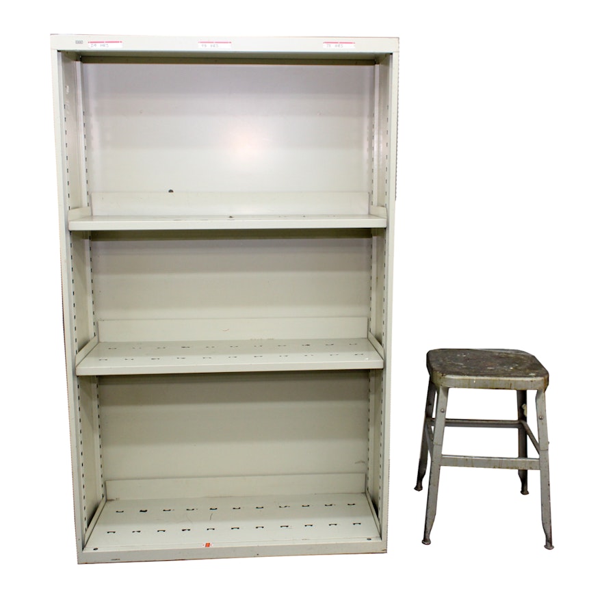 Beige Metal Shelves and Vintage Metal Stool