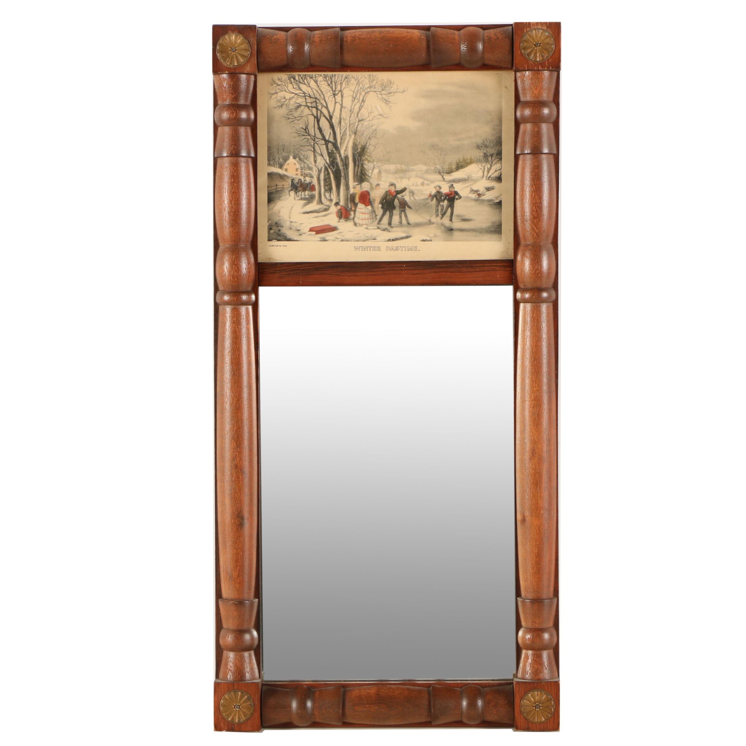 Vintage Empire Style Trumeau Mirror with Currier & Ives "Winter Pastime" Print