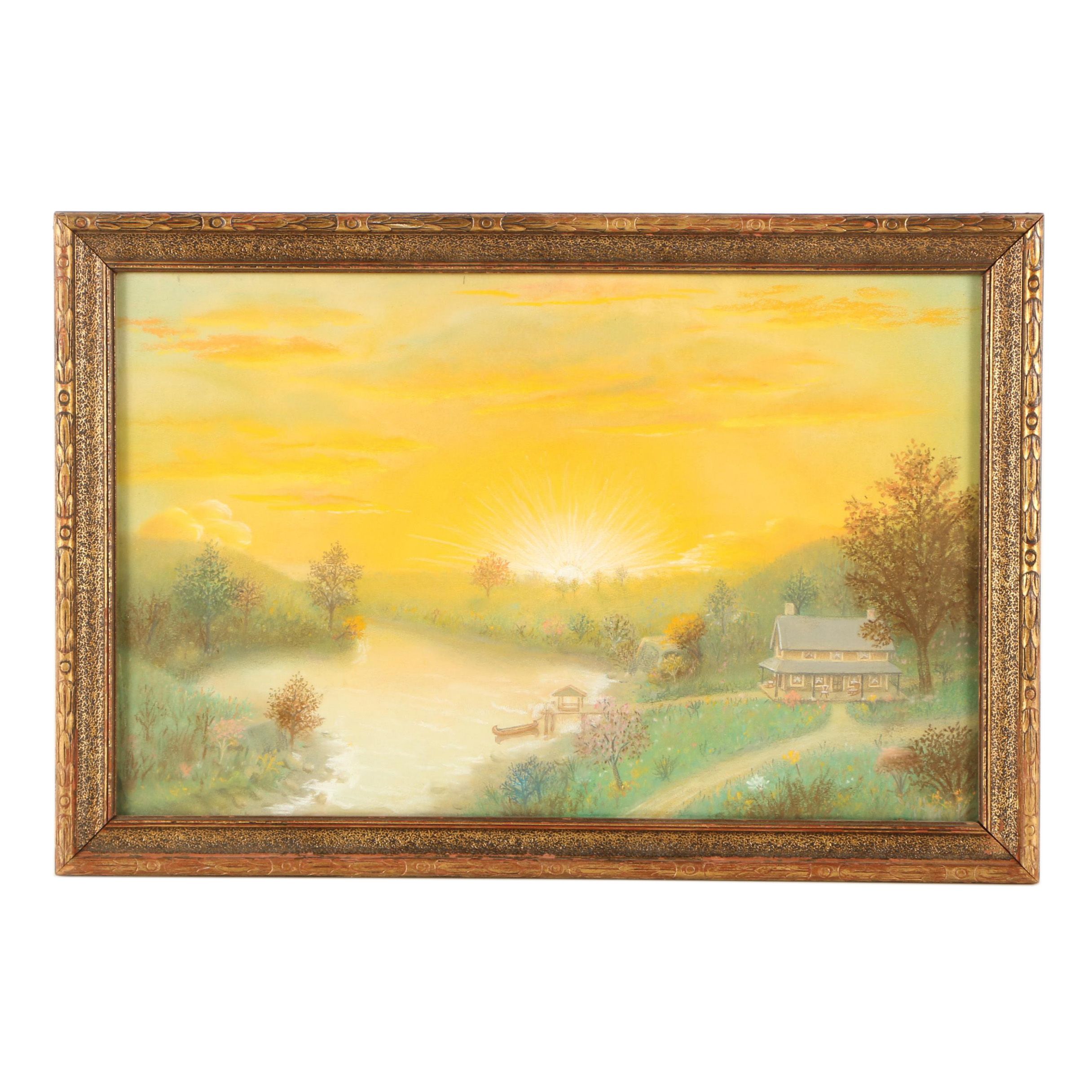 Pastel Drawing of Quaint Country Landscape