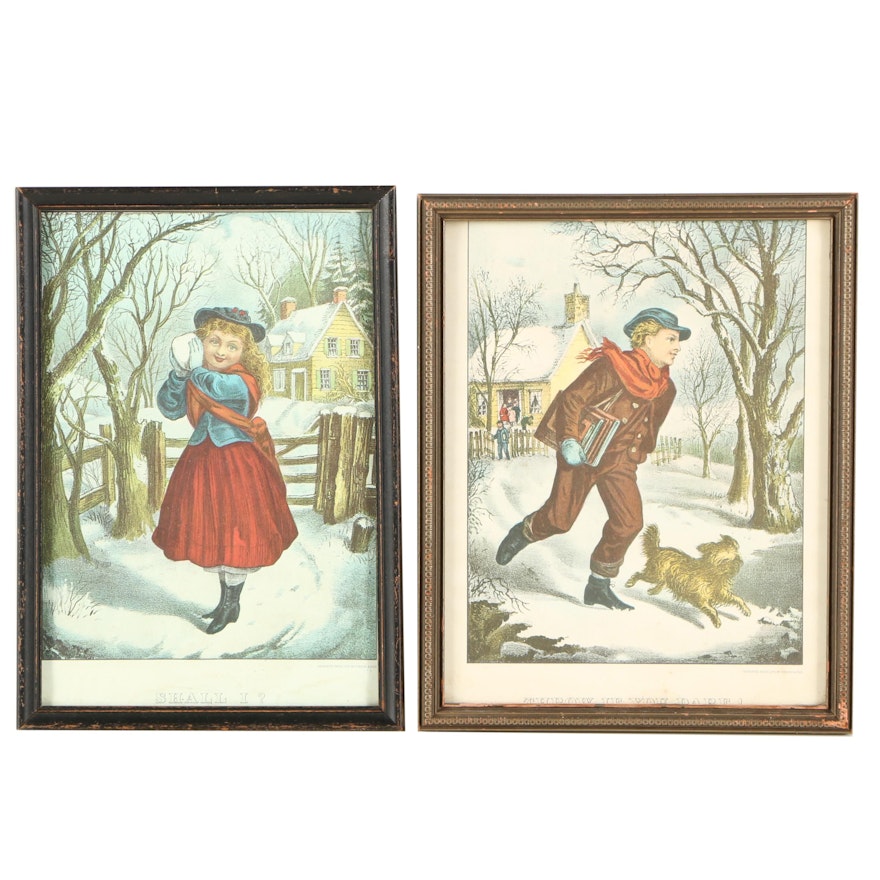 Offset Lithographs After Currier and Ives "Shall I?" and "Throw If You Dare!"