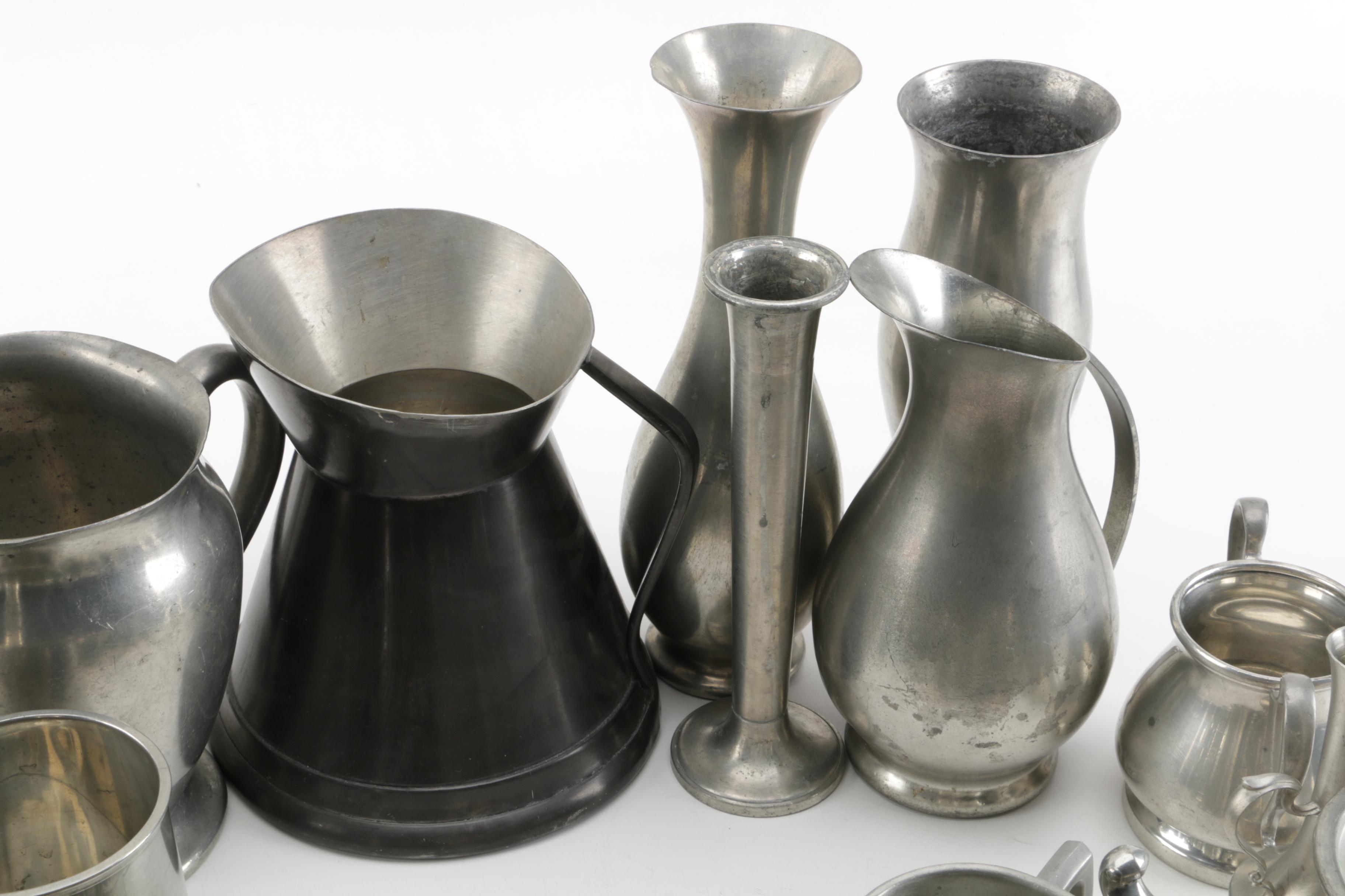 Large Assortment of Pewter Serveware Featuring Crescent Pewter
