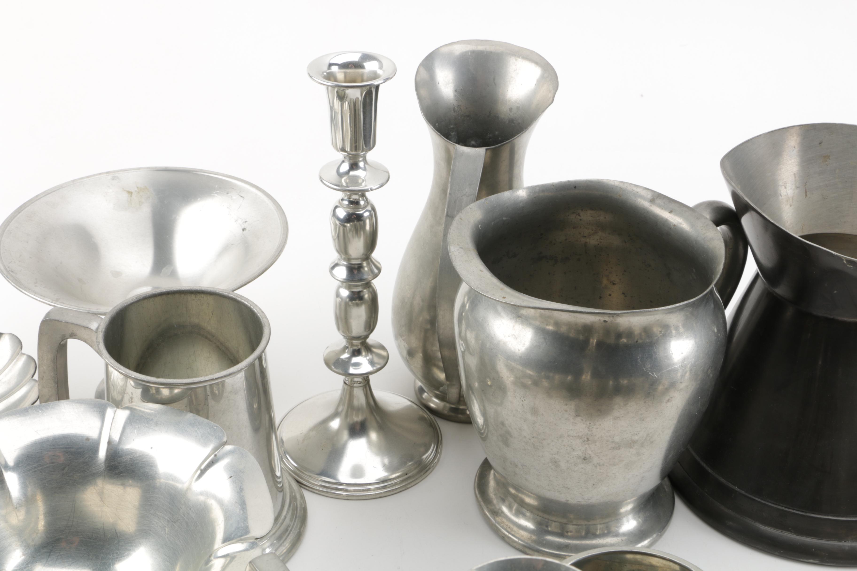 Large Assortment of Pewter Serveware Featuring Crescent Pewter