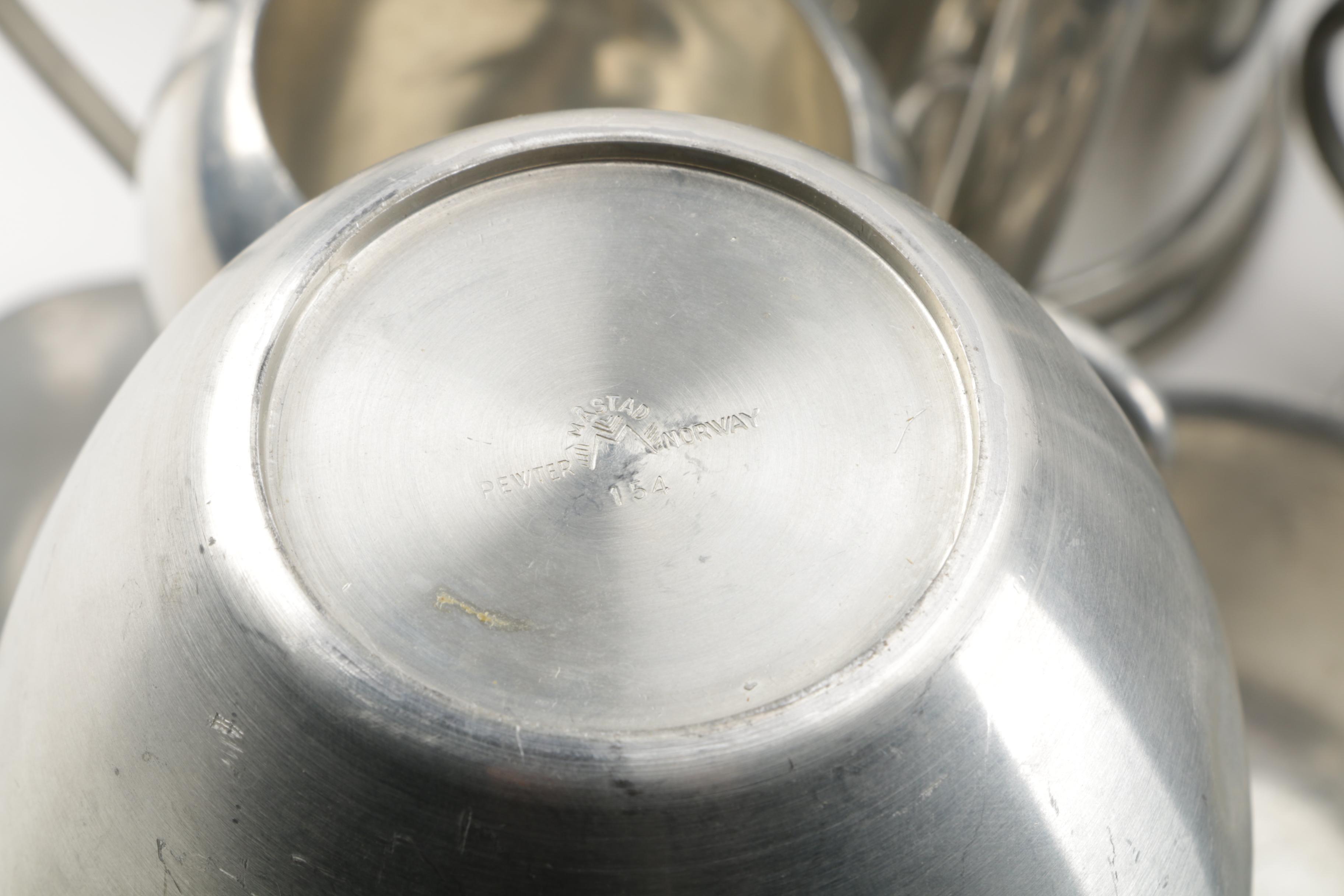 Large Assortment of Pewter Serveware Featuring Crescent Pewter