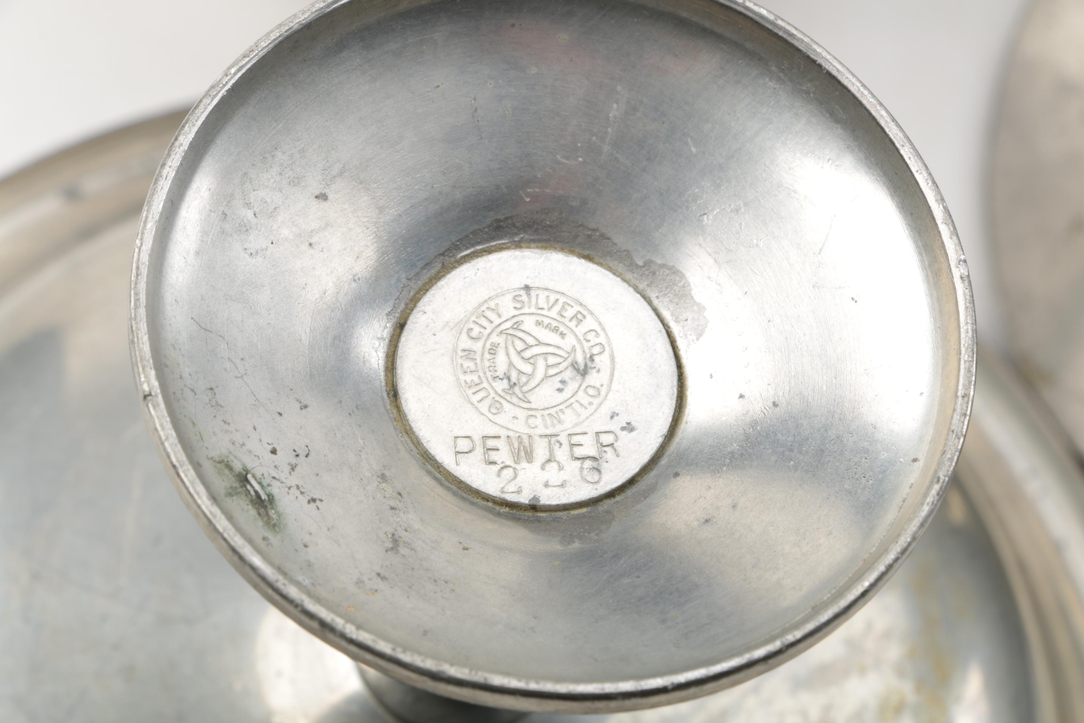 Large Assortment of Pewter Serveware Featuring Crescent Pewter