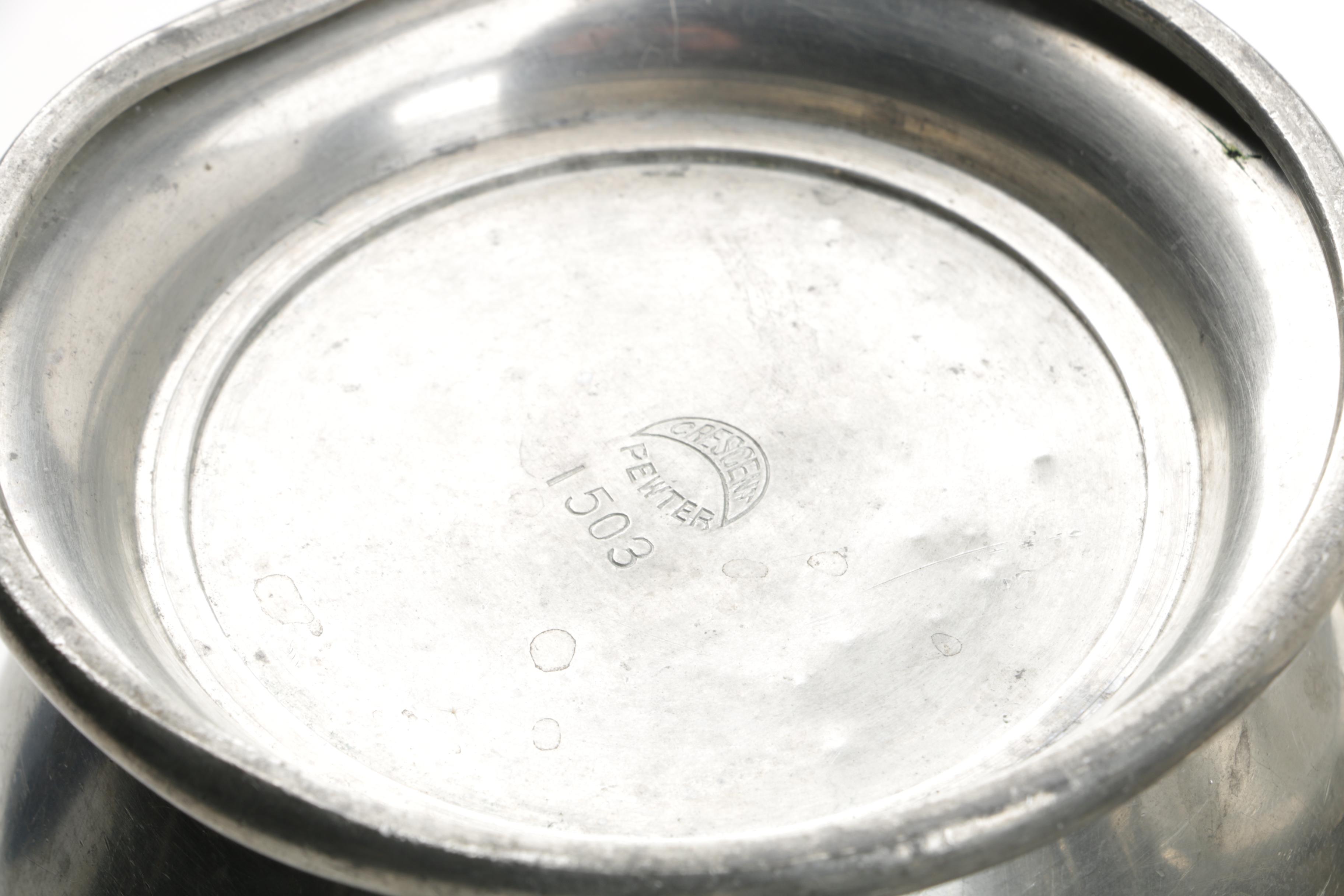 Large Assortment of Pewter Serveware Featuring Crescent Pewter