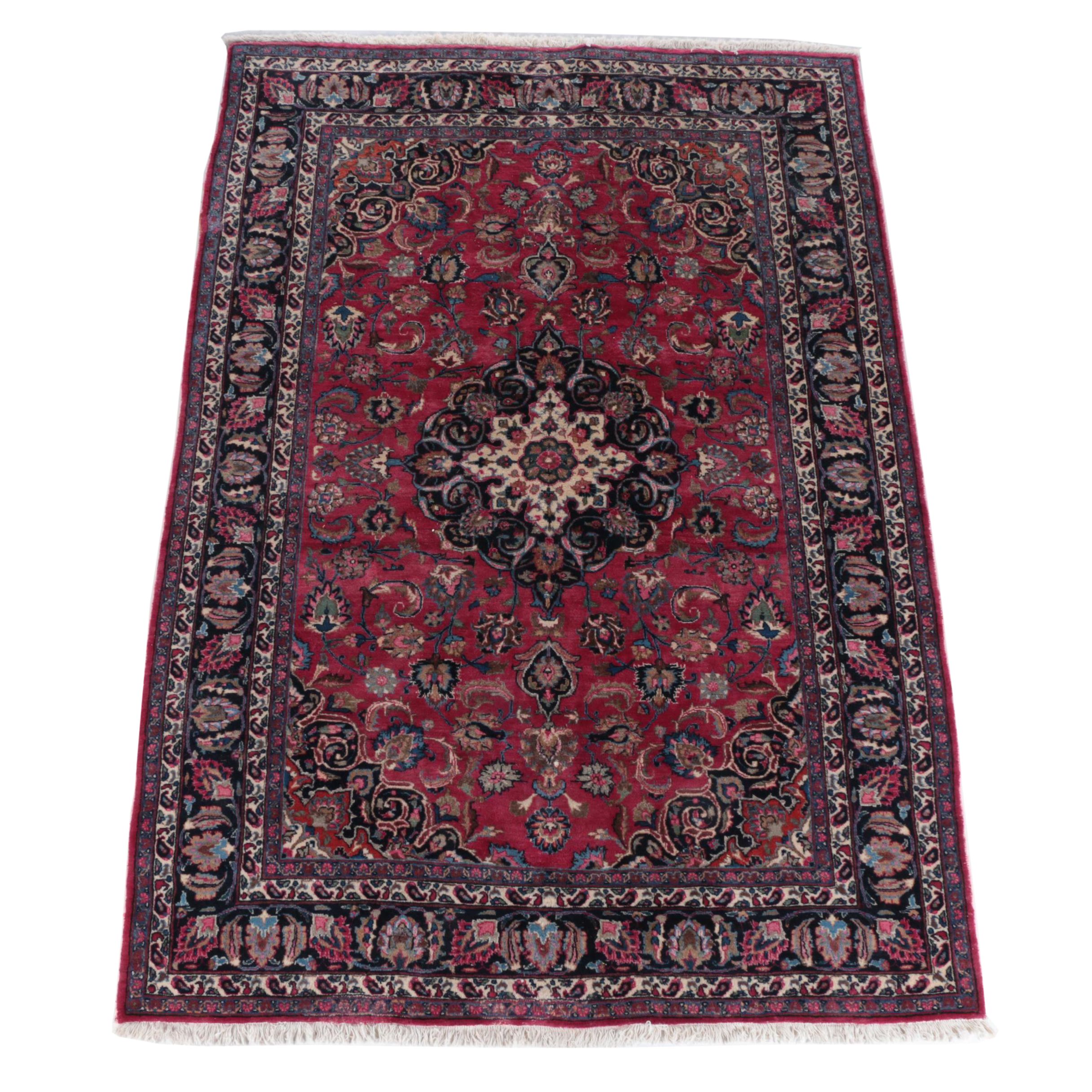 Vintage Hand-Knotted Persian Kashan Wool Area Rug