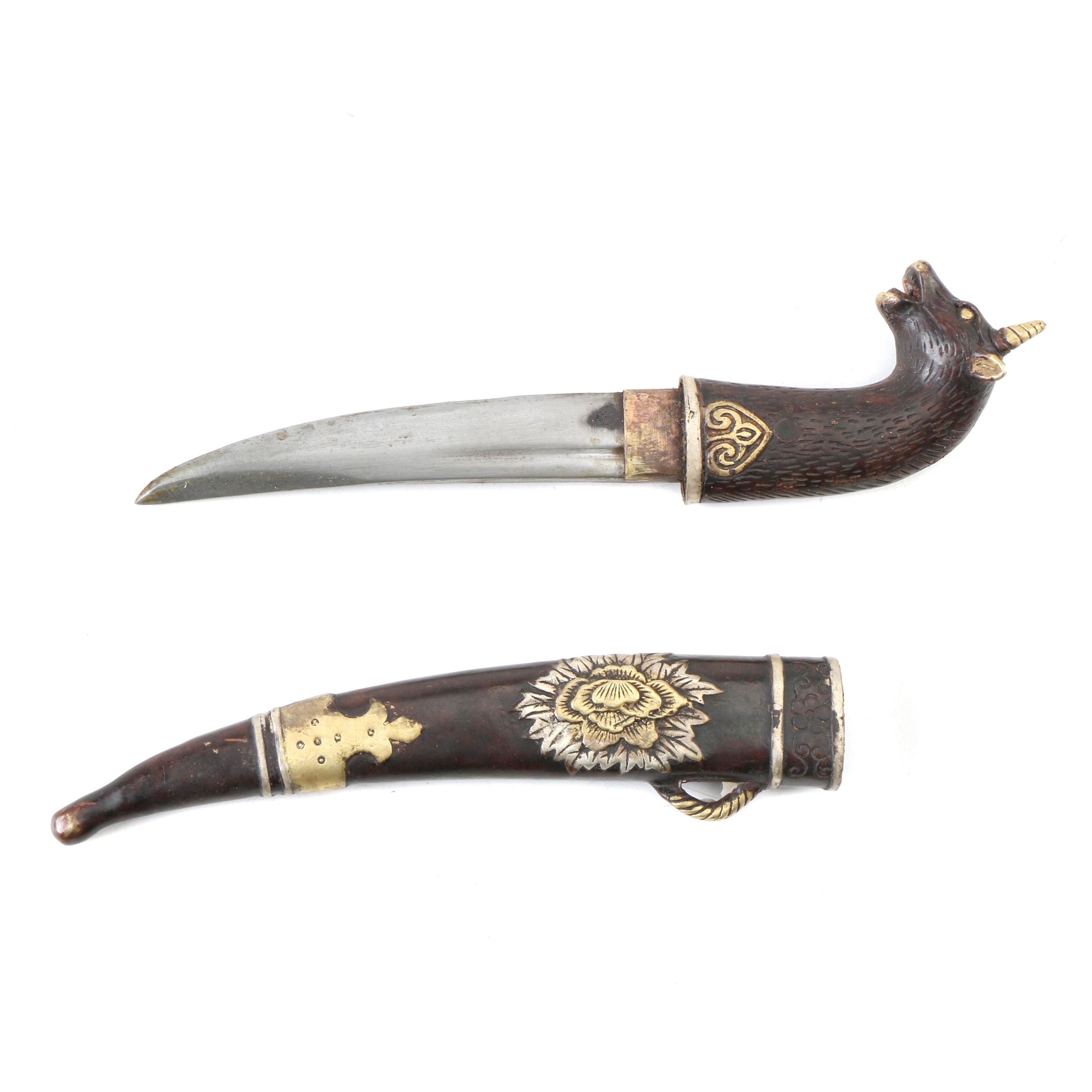 Bull Handle Fixed Blade Hunting Knife With Scabbard