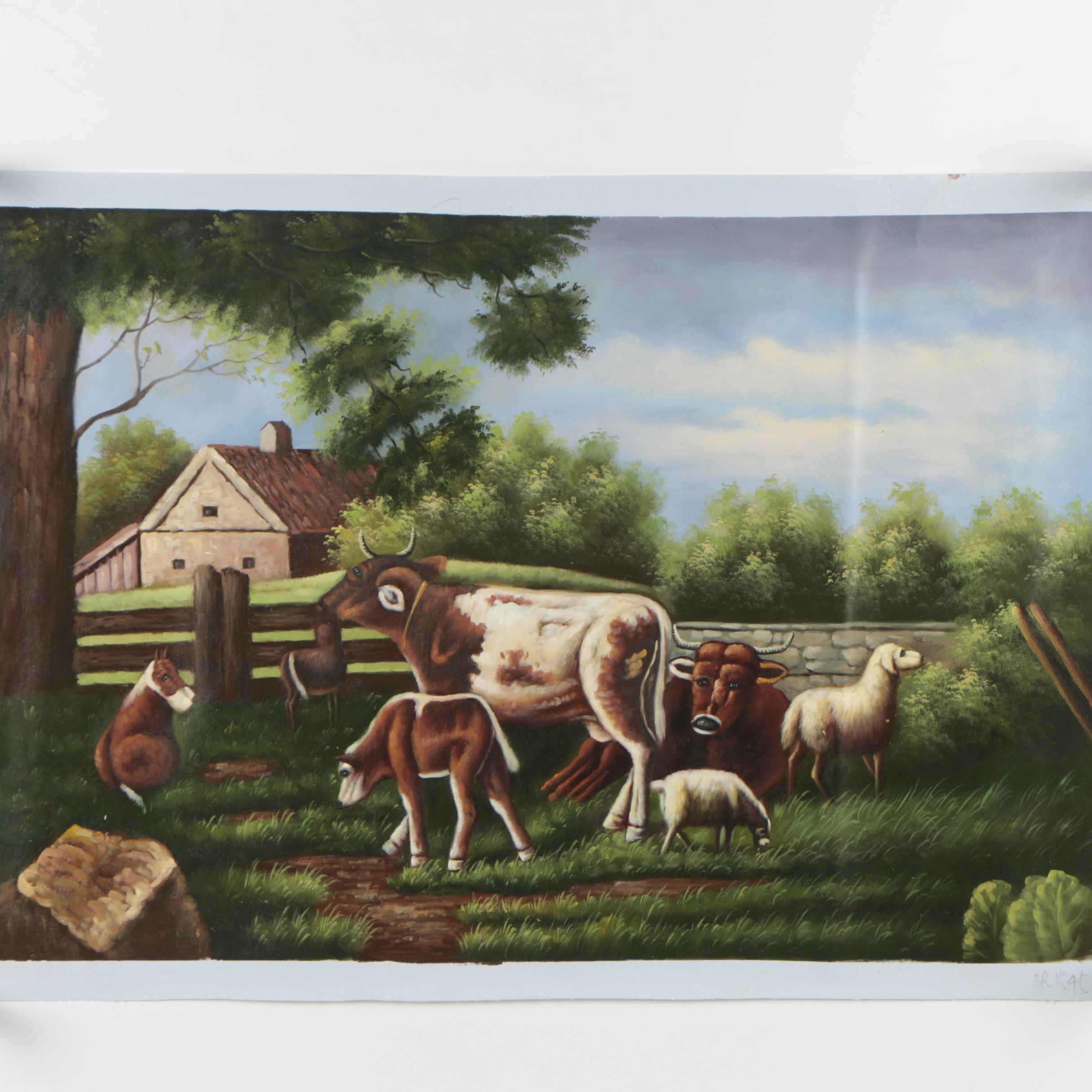 Oil on Canvas Pastoral Painting of Farm Animals