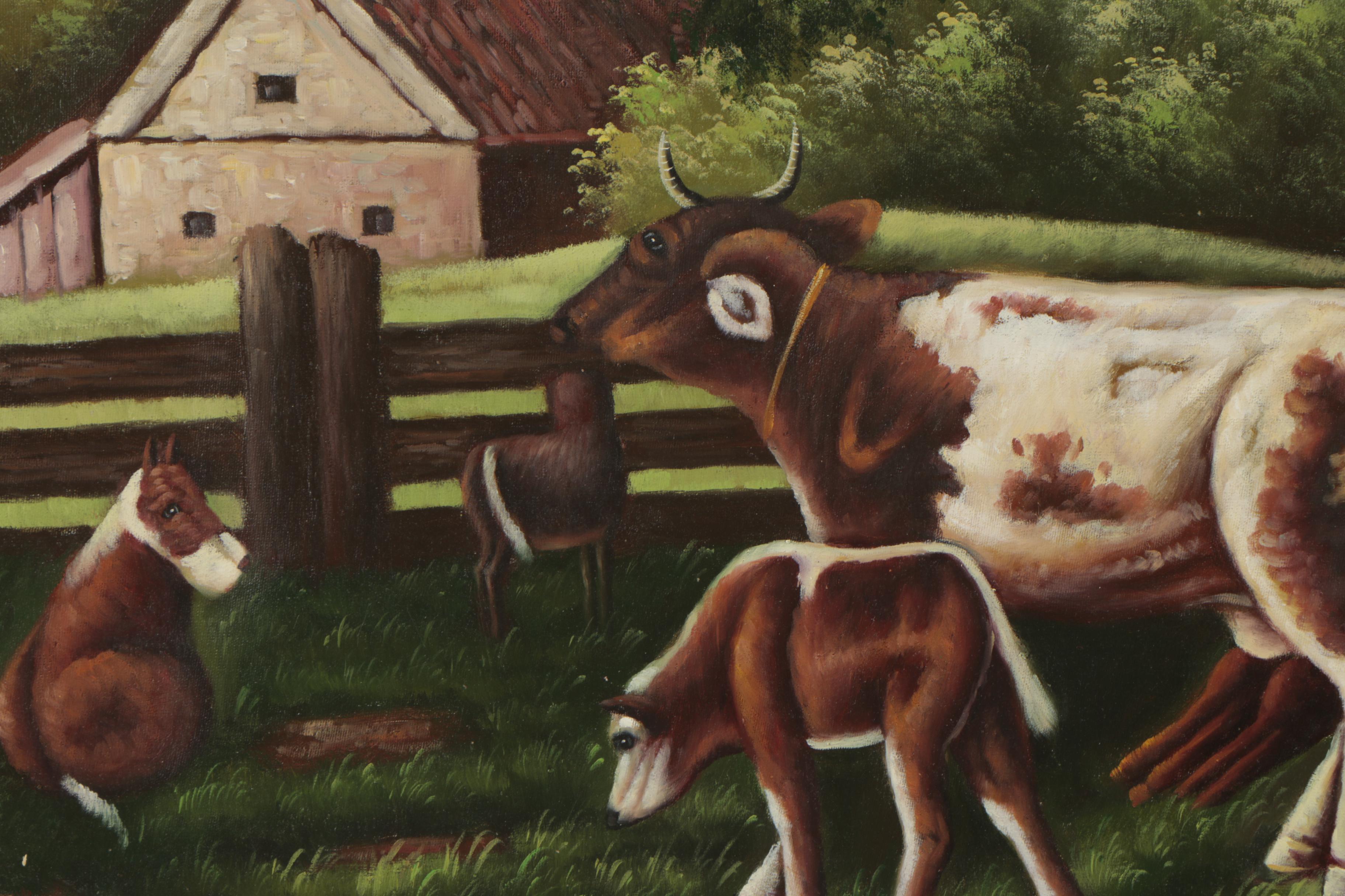 Oil on Canvas Pastoral Painting of Farm Animals