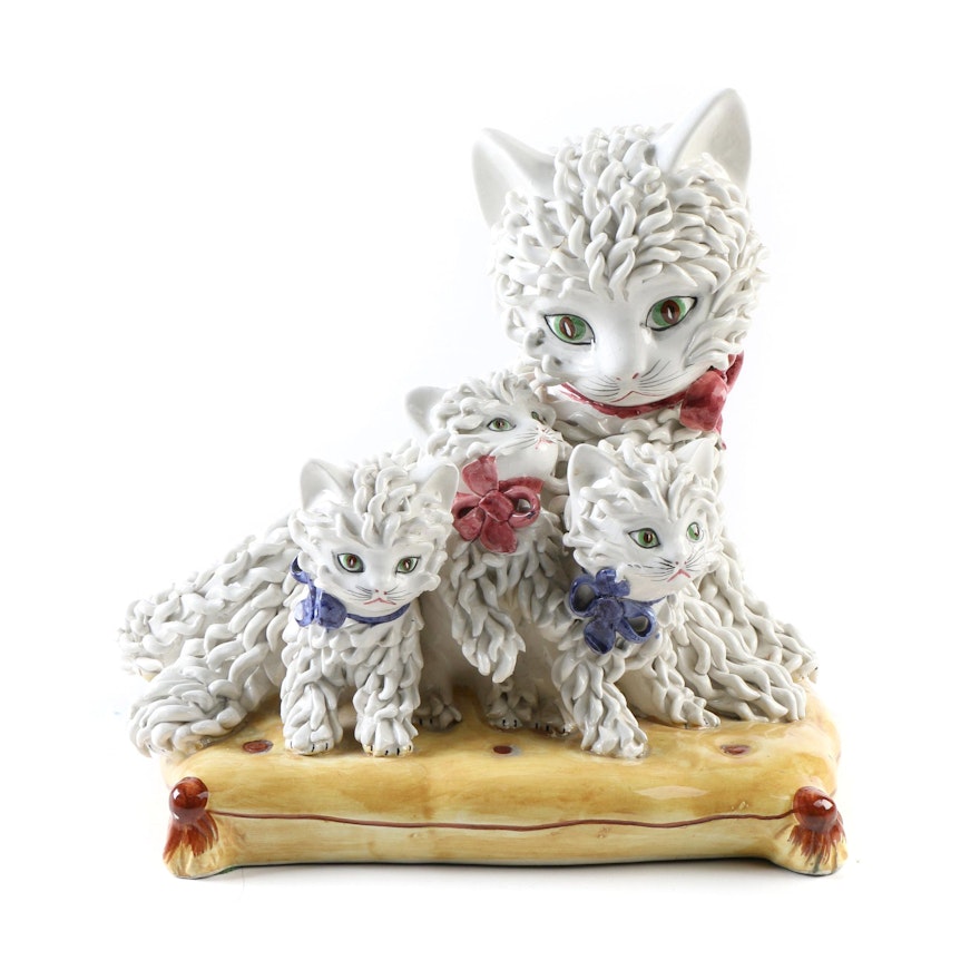 Mid Century Italian Majolica Ceramic Cat and Kittens