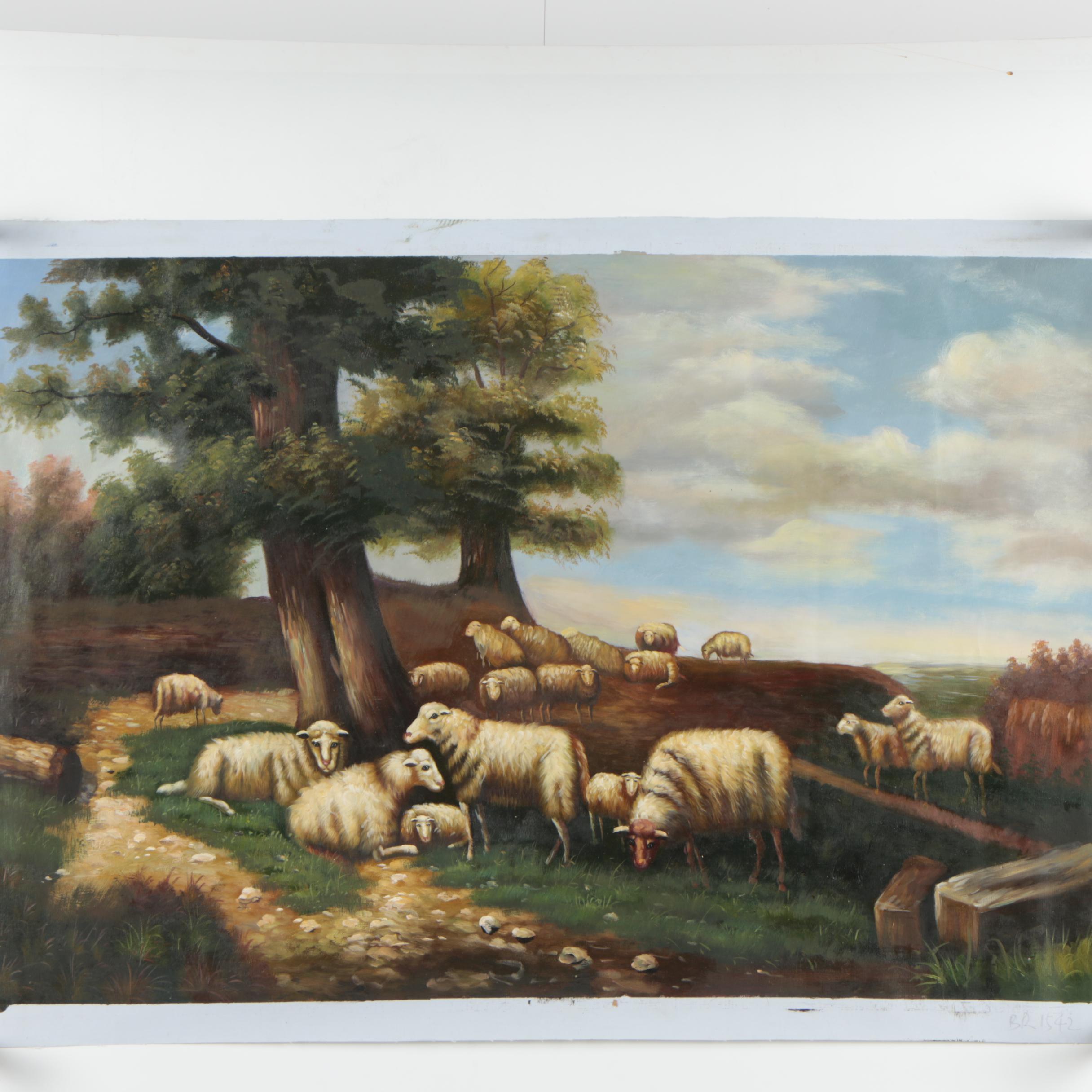 Oil on Canvas Painting of Pastoral Landscape with Sheep