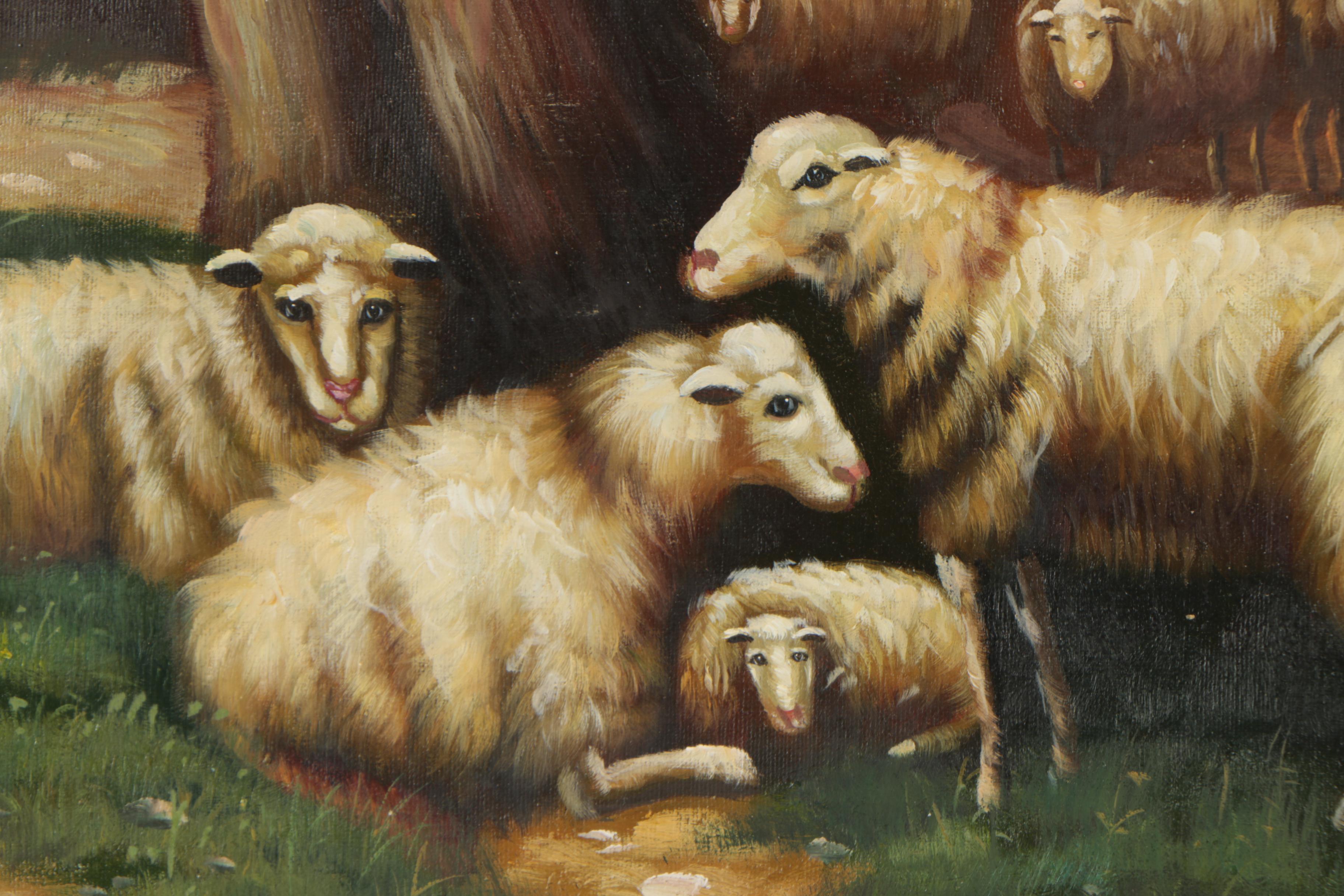 Oil on Canvas Painting of Pastoral Landscape with Sheep