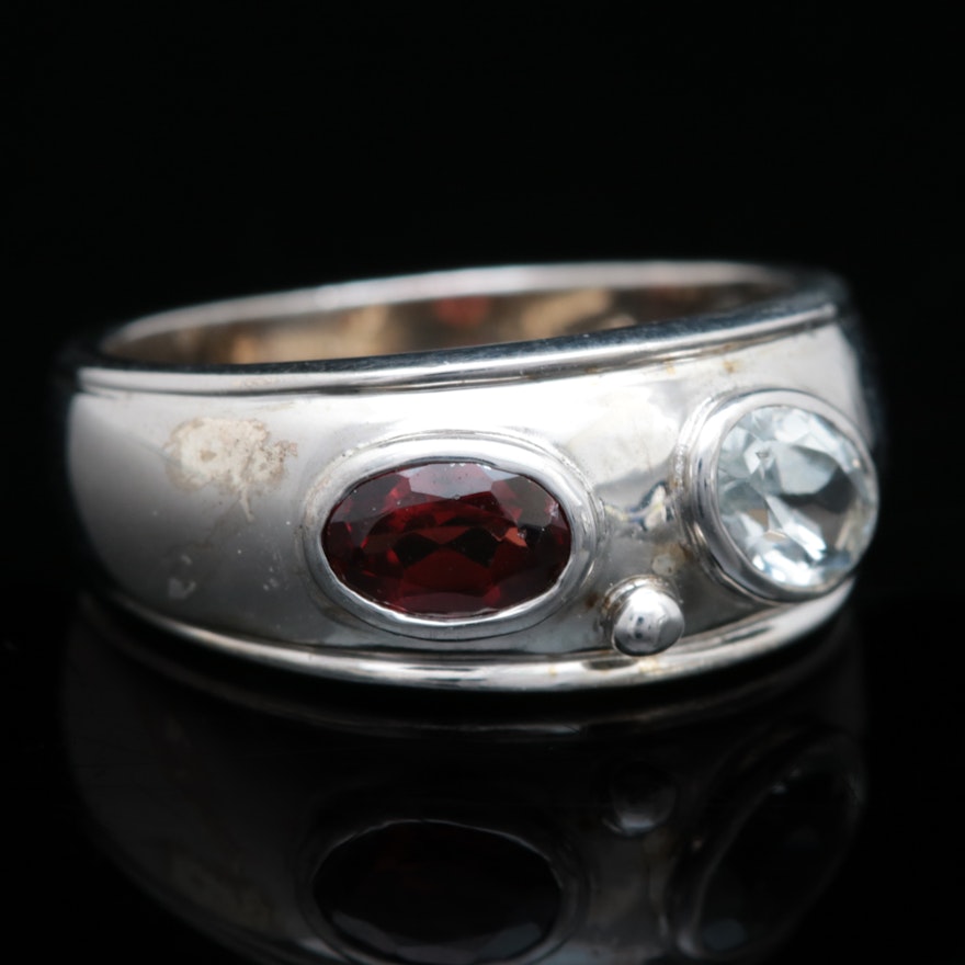 Sterling Silver, Garnet and White Zircon Ring