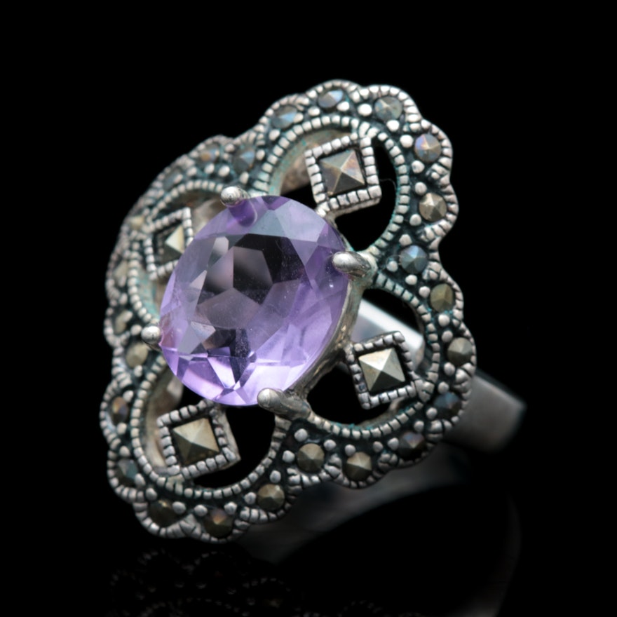 Sterling Silver, Amethyst and Marcasite Ring