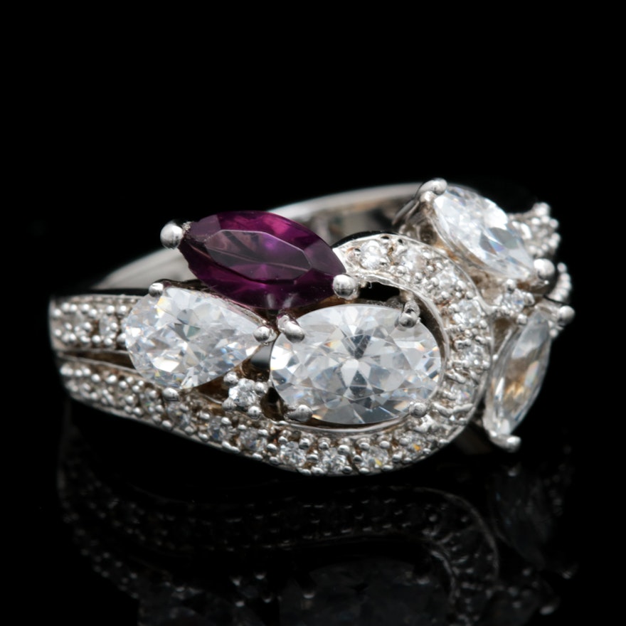 Sterling Silver, Purple Glass and Cubic Zirconia Ring
