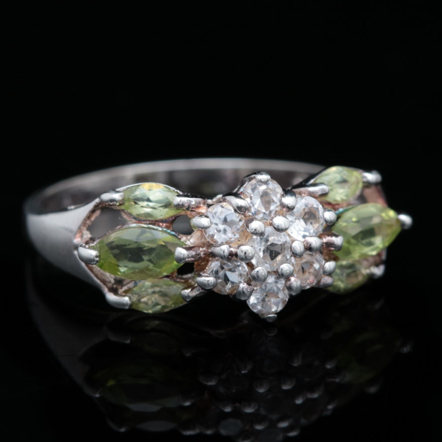 Sterling Silver, White Topaz and Peridot Ring