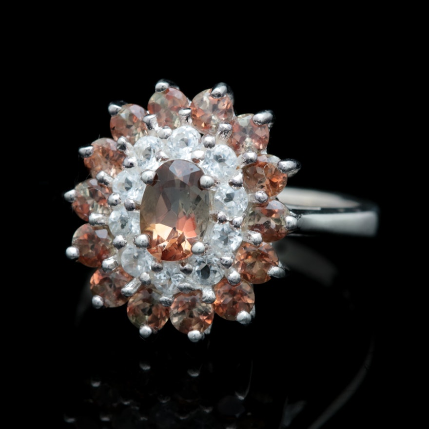 Sterling Silver, Color Change Garnet and White Topaz Ring