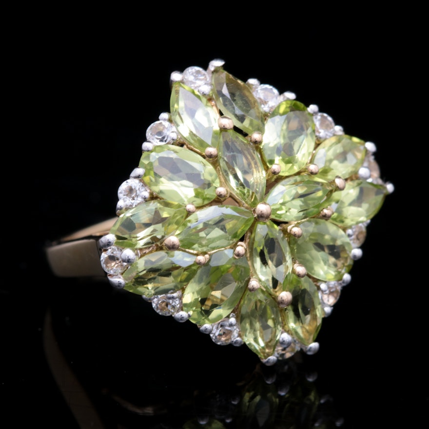 Gold Wash on Sterling Silver, Peridot and White Topaz Ring
