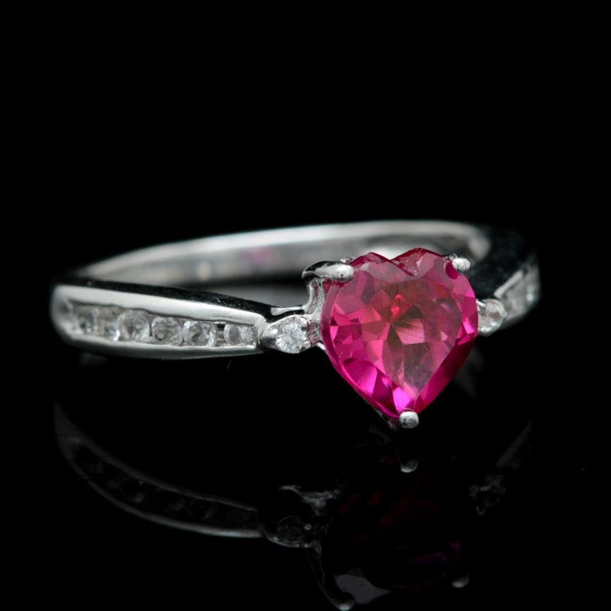 Sterling Silver, Synthetic Ruby and White Topaz Ring