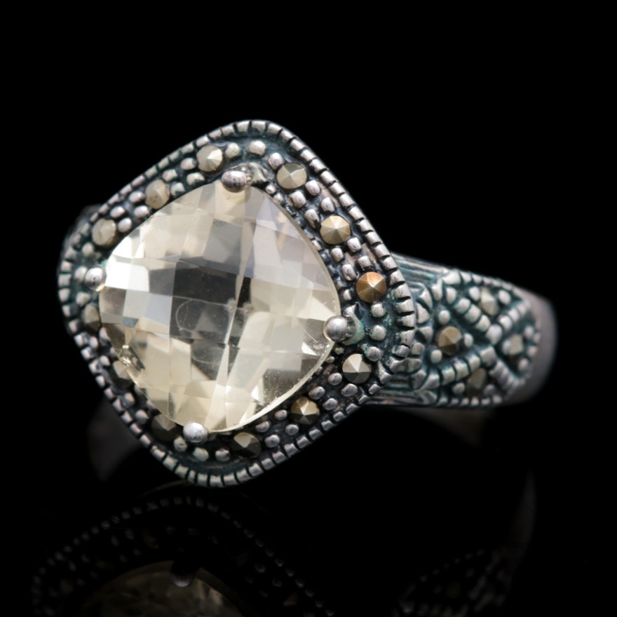 Sterling Silver, Citrine and Marcasite Ring