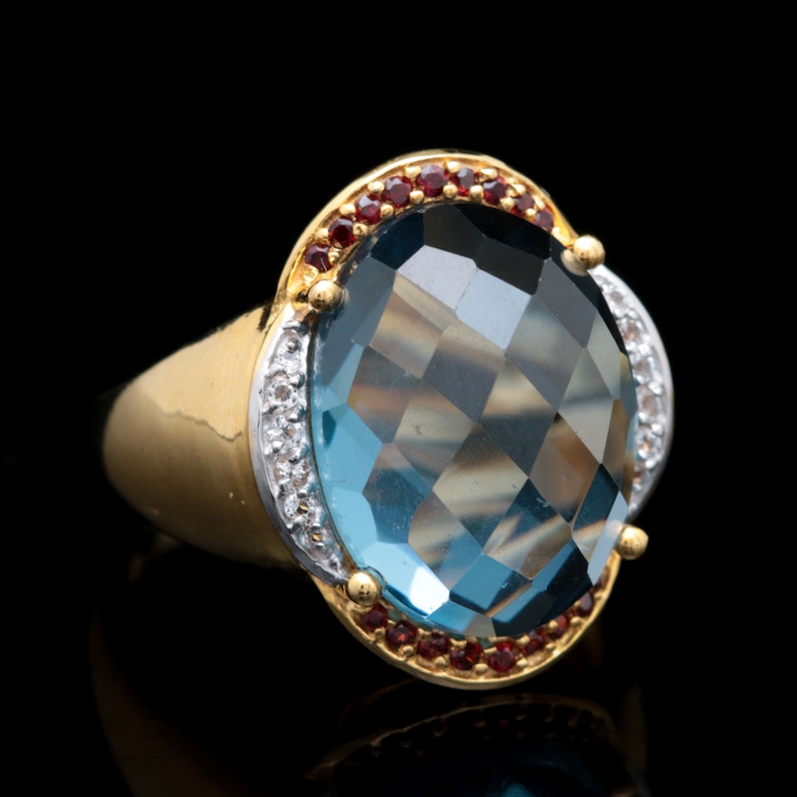 Gold Wash on Sterling Silver, Synthetic Blue Spinel, Garnet and White Topaz Ring